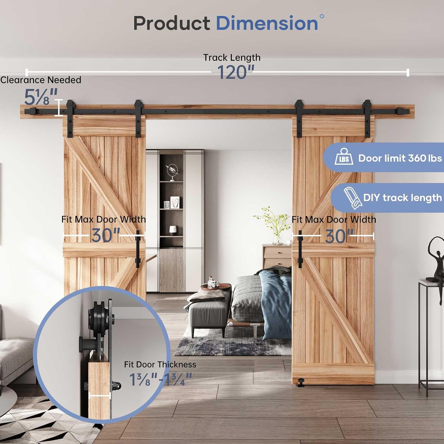 EaseLife 10 FT Double Sliding Barn Door Track and Handle Hardware Kit,Basic J Pulley,Slide Smoothly Quietly,Easy Install (10FT Track Kit for 27'~30' Wide Double Door)