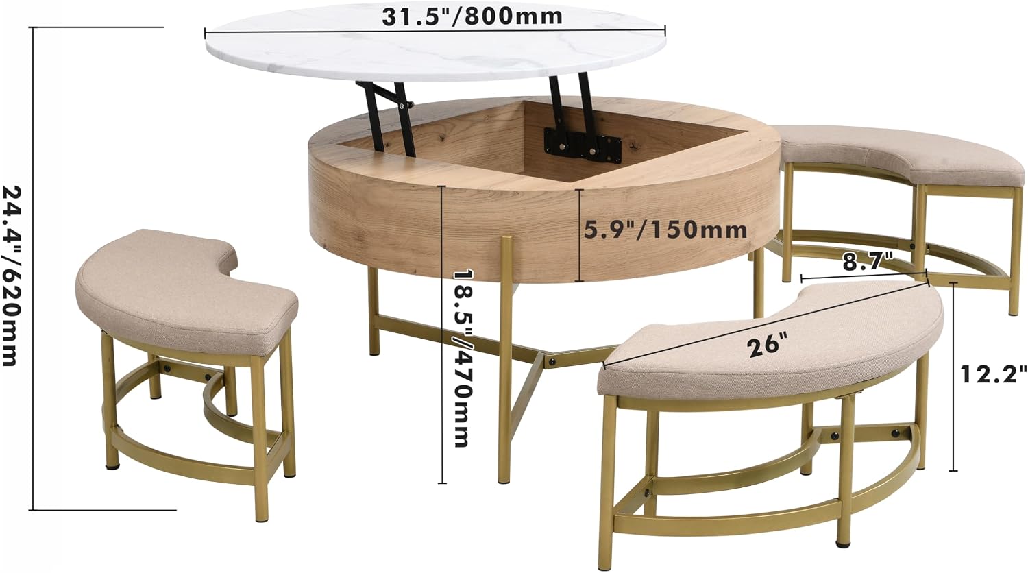 31.5' Modern Round Lift-Top Coffee Table with Storage & 3 Ottoman,White & Natural