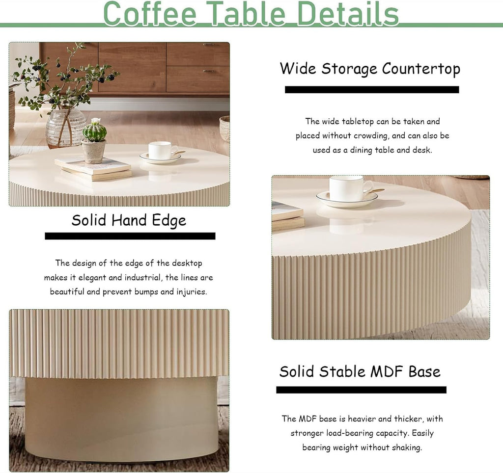 Modern Drum Fluted Round Coffee Table for Living Room, Unique Accent Fluted Drum Coffee Table, Contemporary Minimalist Low Circle Tea Tables for Farmhouse Apartment (B)