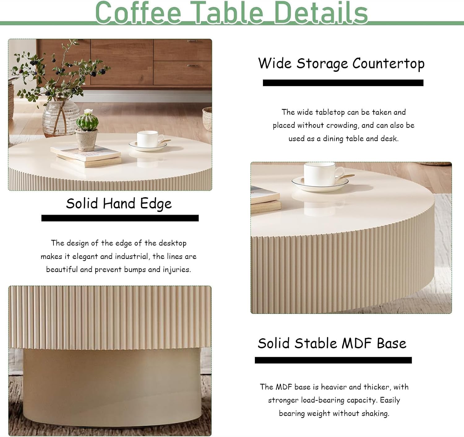Modern Drum Fluted Round Coffee Table for Living Room, Unique Accent Fluted Drum Coffee Table, Contemporary Minimalist Low Circle Tea Tables for Farmhouse Apartment (B)