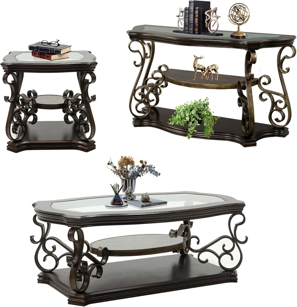 Mid Century 3 Piece Coffee Table Set, Retro Living Room Table Set of 3, Traditional 3-Tier Coffee Table, Console Table and End Table with Tempered Glass Top & Storage Shelf for Living Room