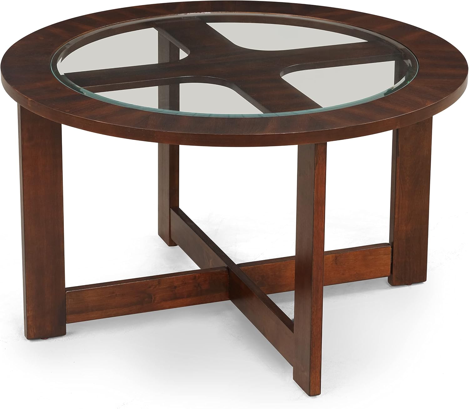 Roundhill Furniture Cylina Solid Wood Glass Top Round Coffee Table with 4 Stools, Espresso, 36.00 x 36.00 x 19.00 Inches
