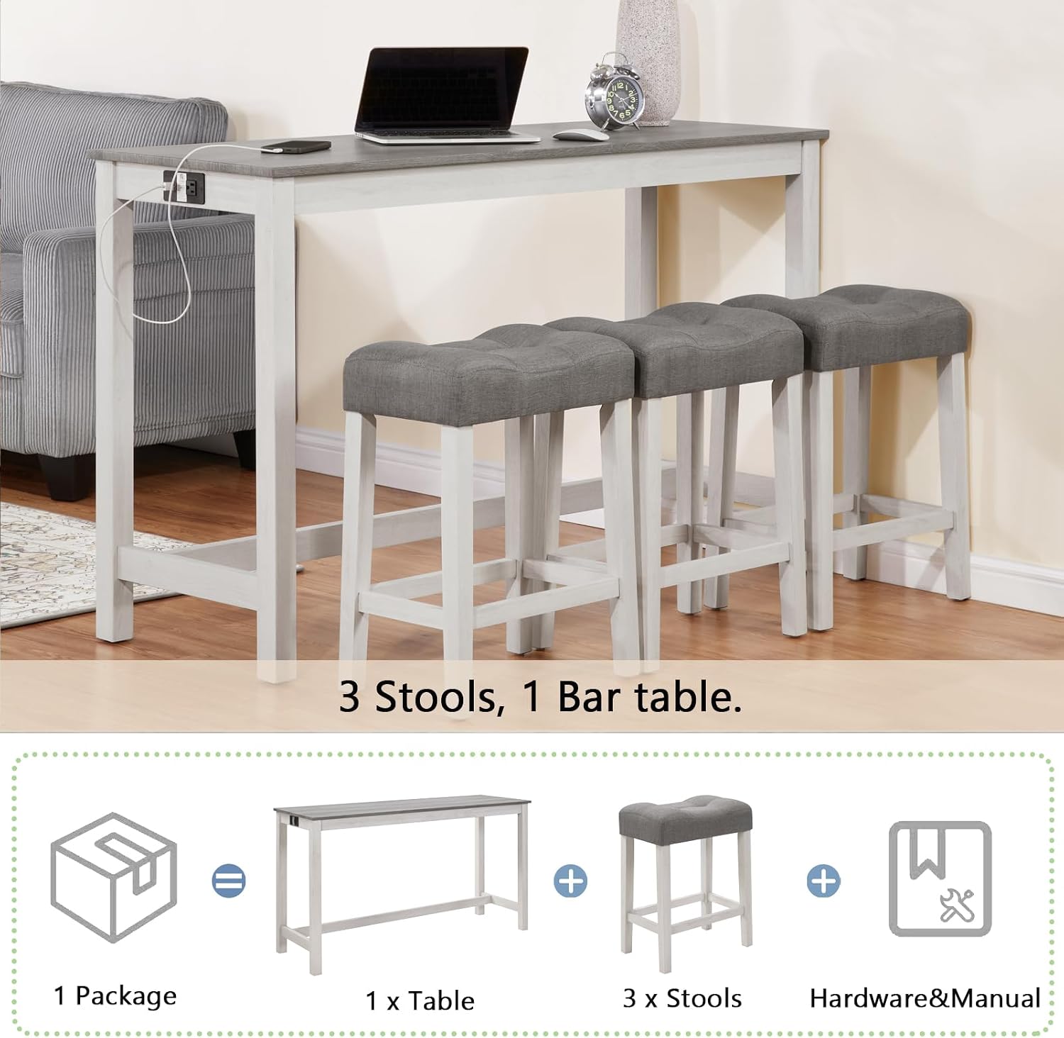Merax 59 inch Bar Table Set with Power Outlet USB/Type-C, Behind Couch Table with 3 Padded Stools for Kitchen, Living Room, White & Grey