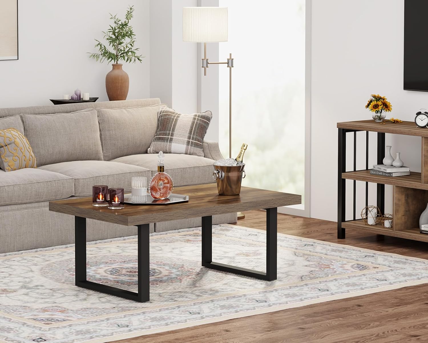 IBF Farmhouse Coffee Table, Modern Coffee Table for Living Room, Simple Industrial Rectangle Center Table, Wood Metal Tea Table for Home Bedroom Office, Rustic Oak, 47 in