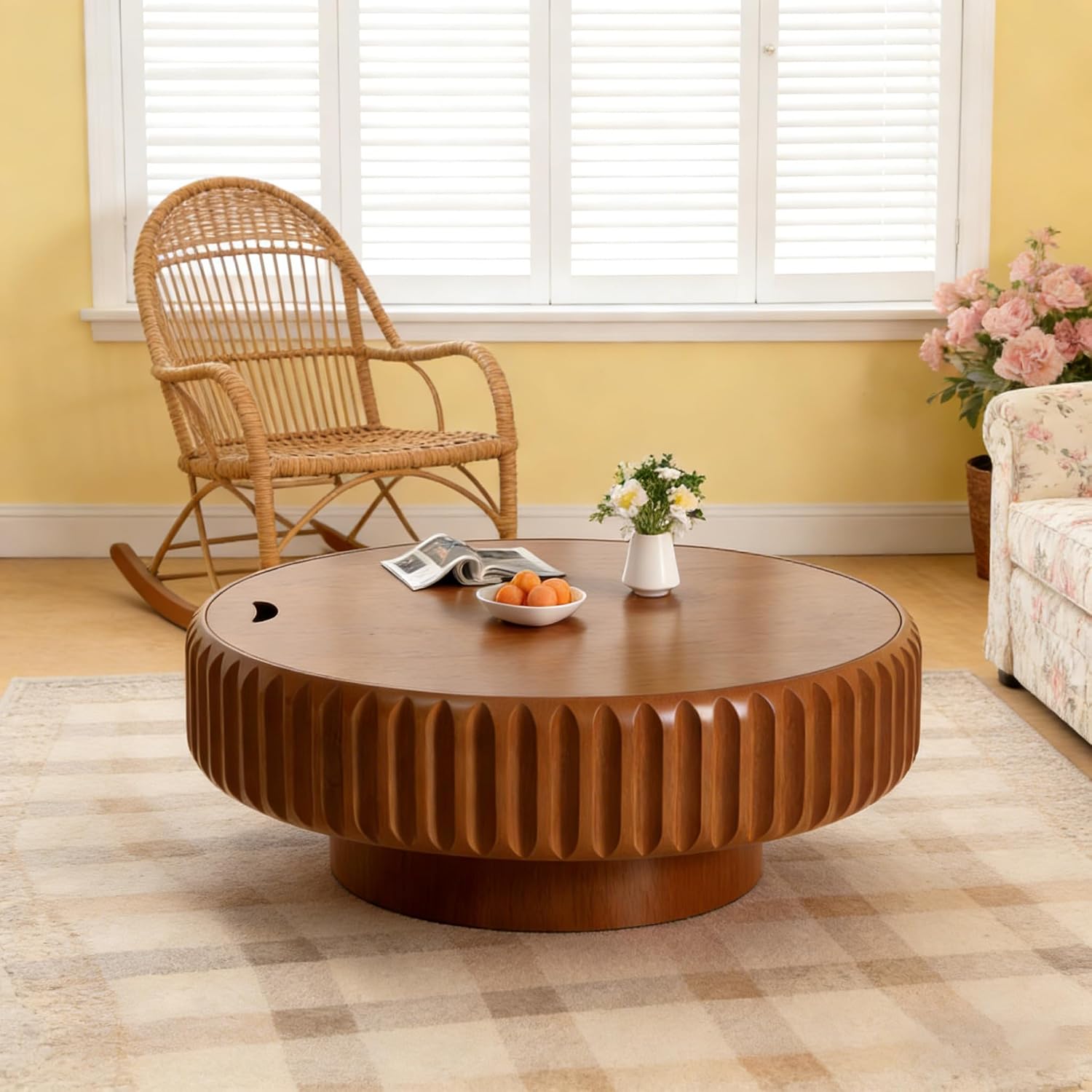 Round Wood Fluted Coffee Table with Storage, 39' Round Fluted Coffee Table with Flip-Top Lid Mid Century Modern Low Circle Drum Coffee Tables for Living Room (Brown, 39 inch)