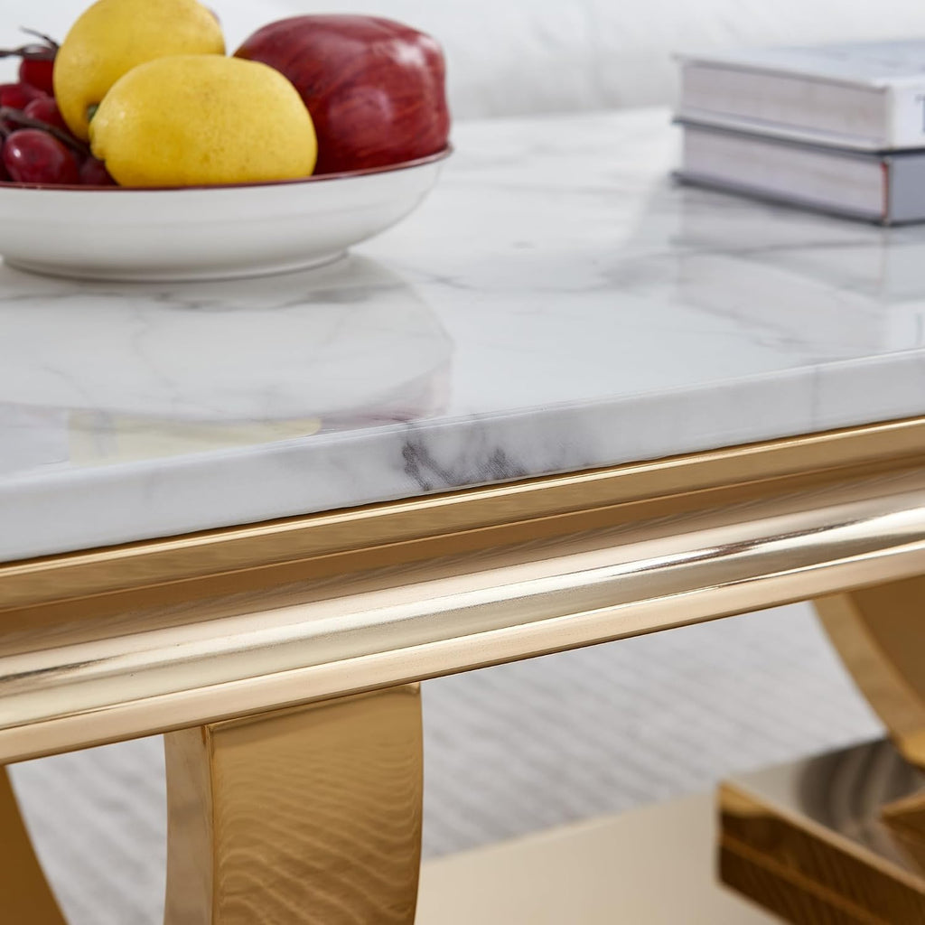 Marble Coffee Table, 47' White Faux Marble Rectangular Cocktail Tables with Mirrored Finish Double O-Shape Stainless Steel Base, Central Cocktail Tea Table for Living Room Office, Gold