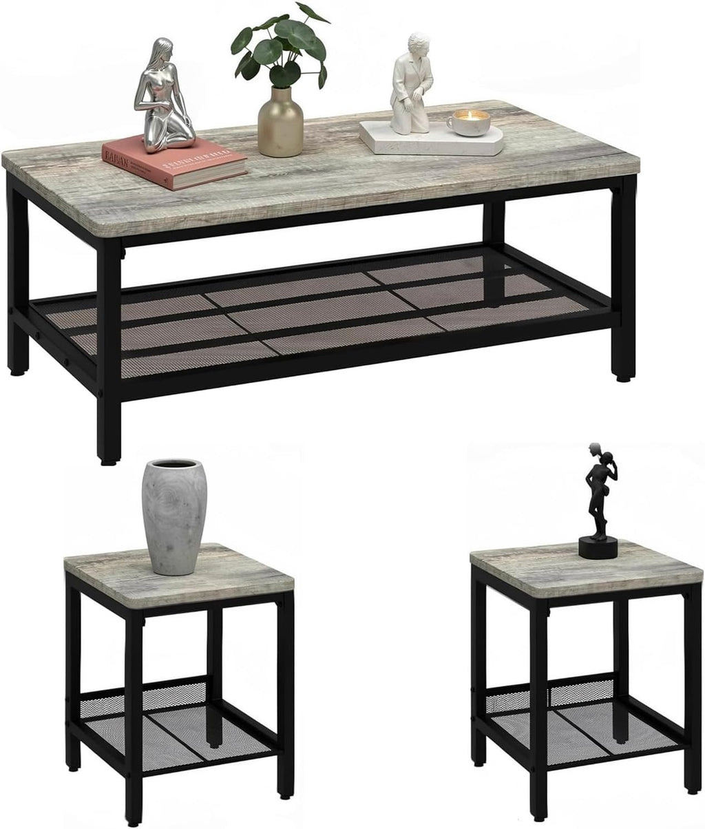 Coffee Table Set of 3,Industrial Coffee Table and 2 End Side Tables,Easy Assembly Coffee and End Tables Sets with Metal Legs, for Office, Living Room and Apartment (Grey)
