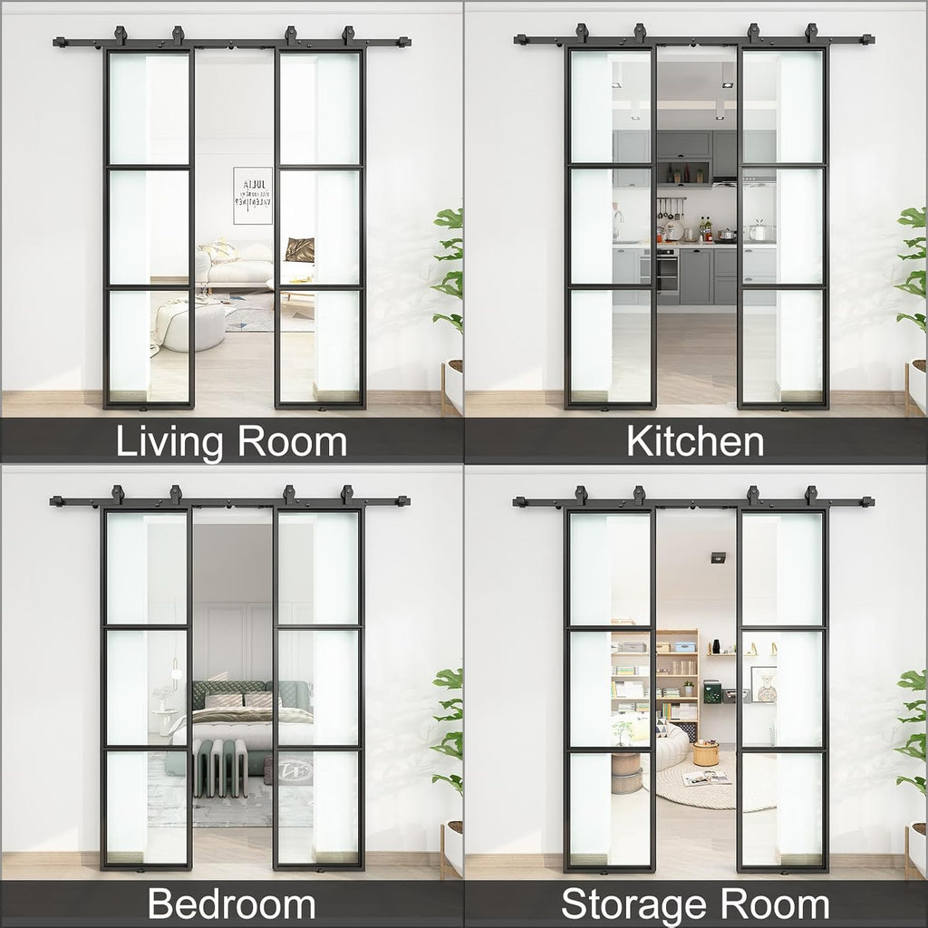JUBEST 42 x 84 Inch Double Barn Door with 7FT Hardware Kit and Soft Close Mechanism Include, 2 Sets of 21in x 84in 3-Paneled Clear Glass with Carbon Steel Frame Barn Door, Easy to Install