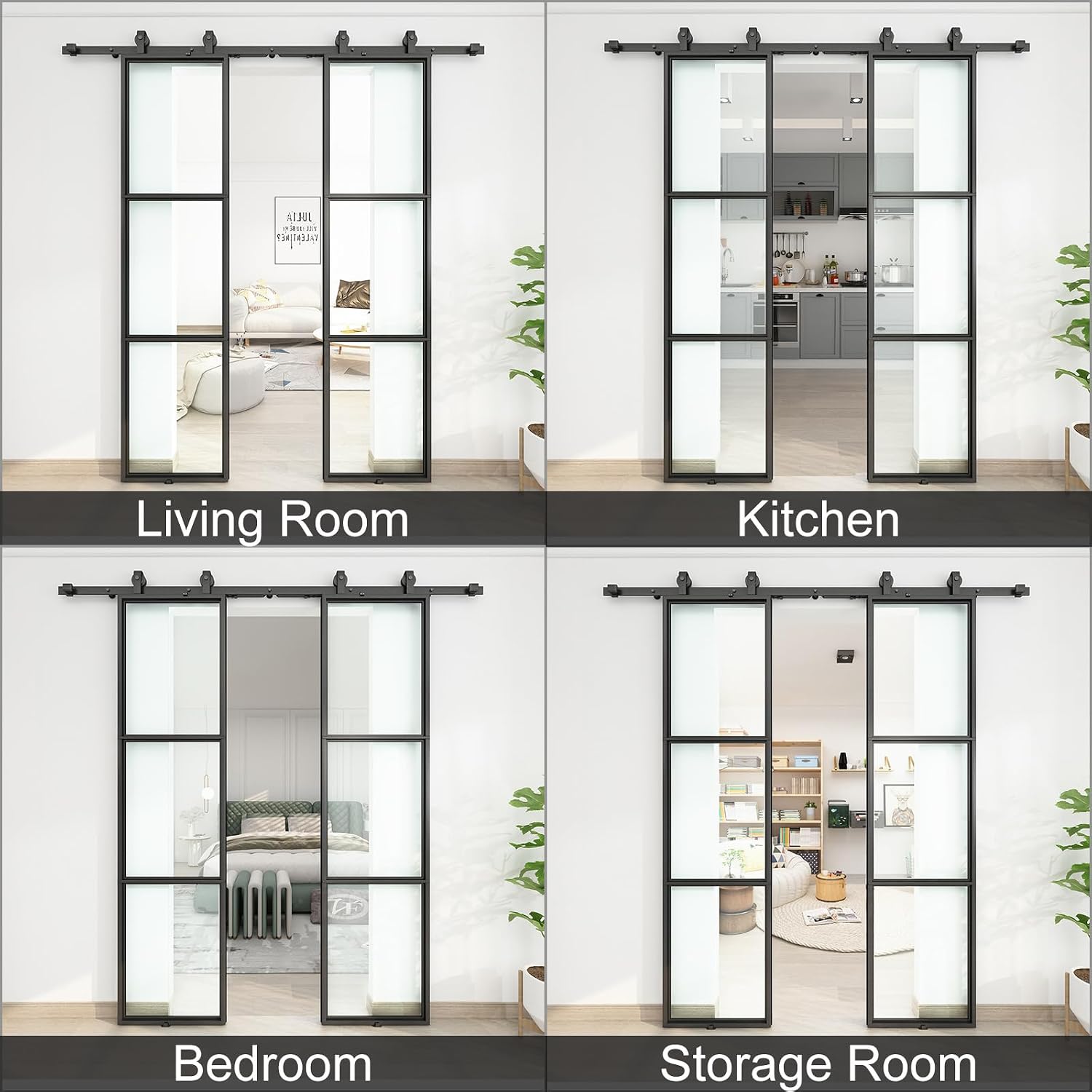 JUBEST 42 x 84 Inch Double Barn Door with 7FT Hardware Kit and Soft Close Mechanism Include, 2 Sets of 21in x 84in 3-Paneled Clear Glass with Carbon Steel Frame Barn Door, Easy to Install