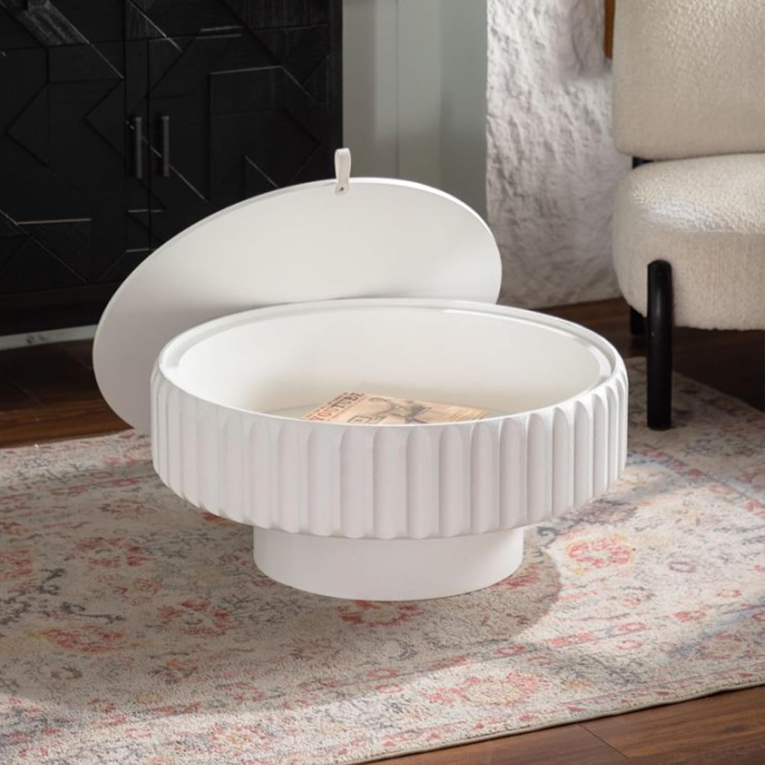 WILLIAMSPACE 31.5' Round Coffee Table with Storage for Living Room, Modern Circle Fluted Center Table with Lift-Off Lid, Drum Pedestal Tea Table for Apartment, Easy Assembly, White