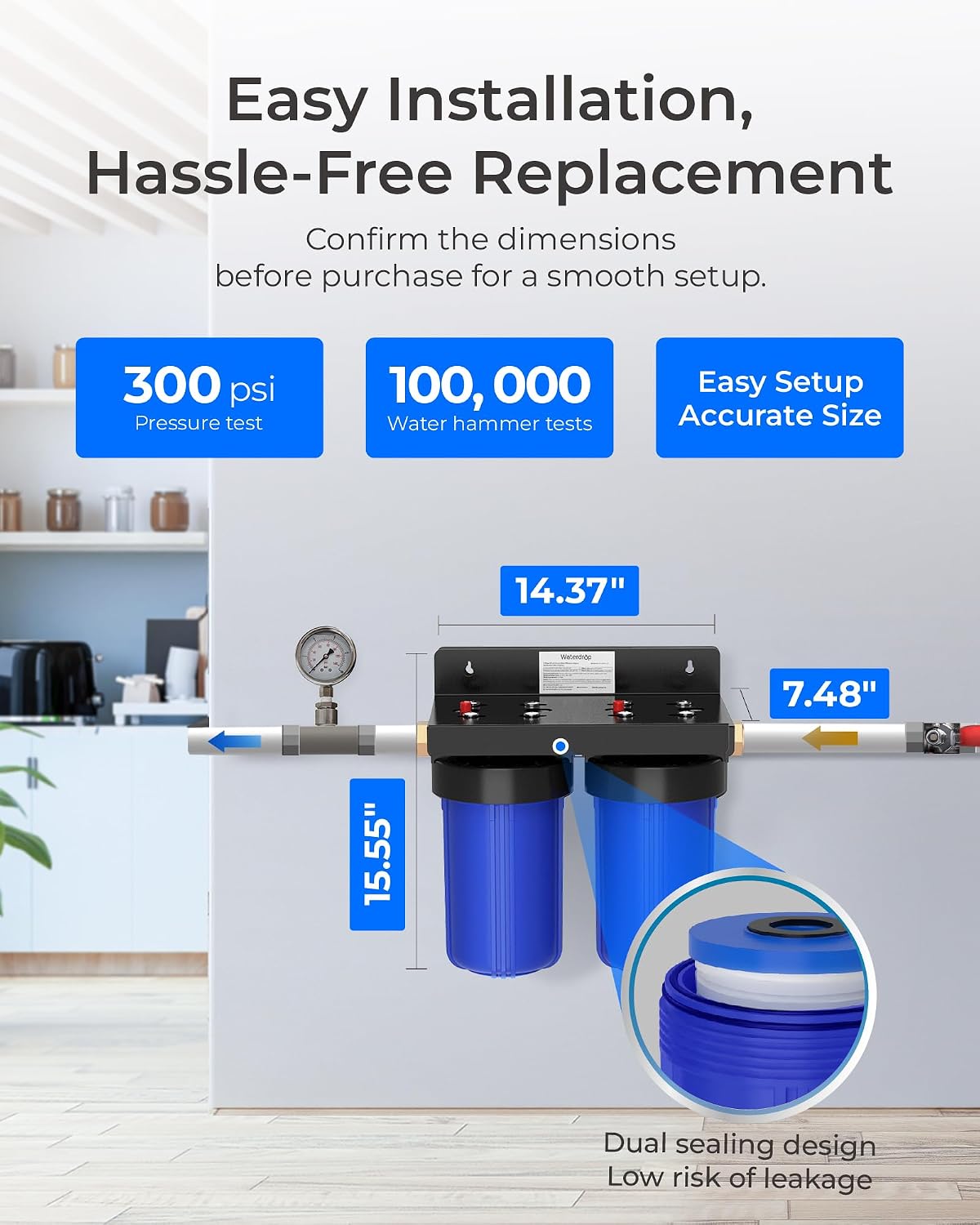 Waterdrop WHF21-PG 2-Stage Whole House Water Filter System, Highly Reduces Lead, Chlorine, Odor and Taste, 5-Stage Filtration, with Carbon Filter and Sediment Filter, 5 Micron, 1' Inlet/Outlet