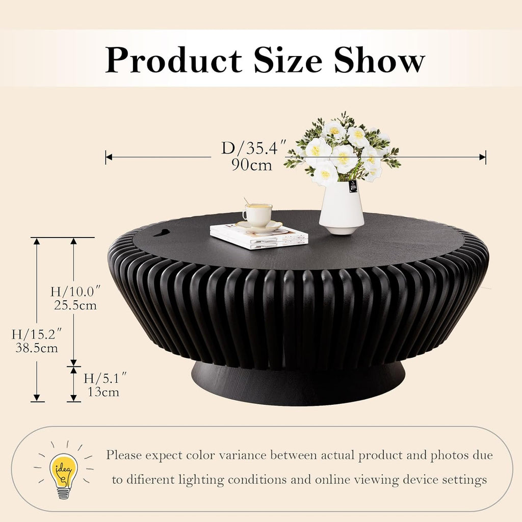 35.4' Fluted Coffee Table with Storage Rustic Chic Circle Drum Center Tables - Handcraft Solid Wood Fluted Veneer for Living Room (L Black 35.4in)