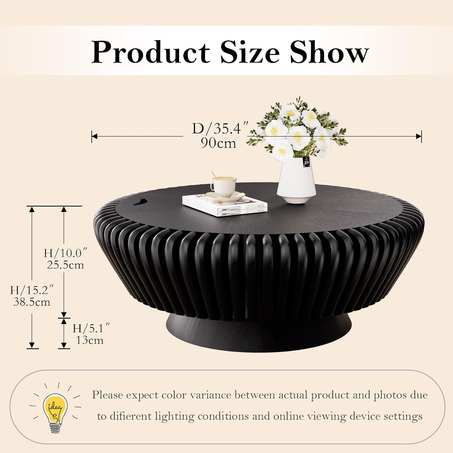 35.4' Fluted Coffee Table with Storage Rustic Chic Circle Drum Center Tables - Handcraft Solid Wood Fluted Veneer for Living Room (L Black 35.4in)