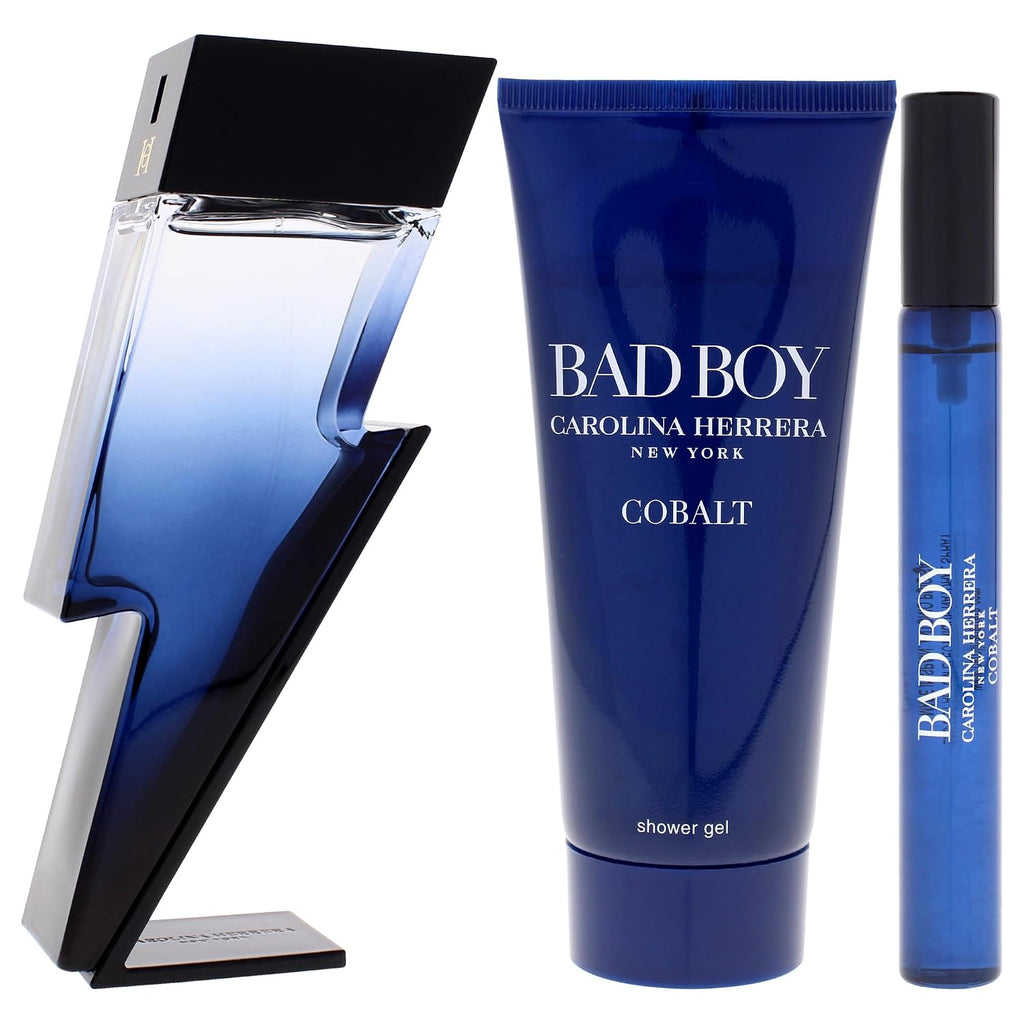 Bad Boy Cobalt Electrique by Carolina Herrera for Men - 3 Pc Gift Set 3.4oz EDP Spray 0.34oz EDP Spray (Mini), 3.4oz Shower Gel
