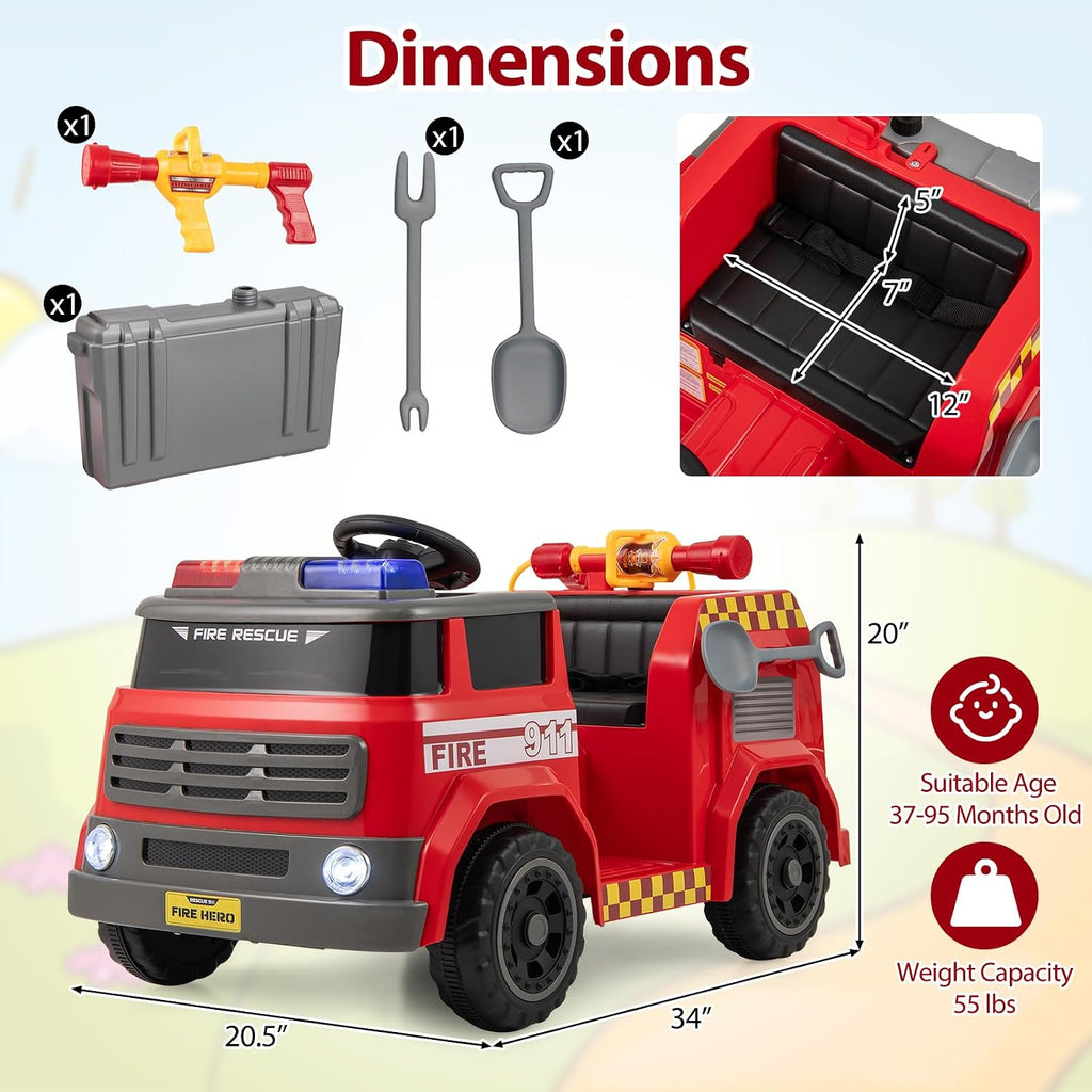 HONEY JOY Ride On Fire Truck, 12V Battery Powered Electric Car for Kids, Water Tank, Loudspeaker, Shovel, Music, Siren & Light, Firetruck Ride On Toy, Ride On Car w/Remote Control (Fire Truck)