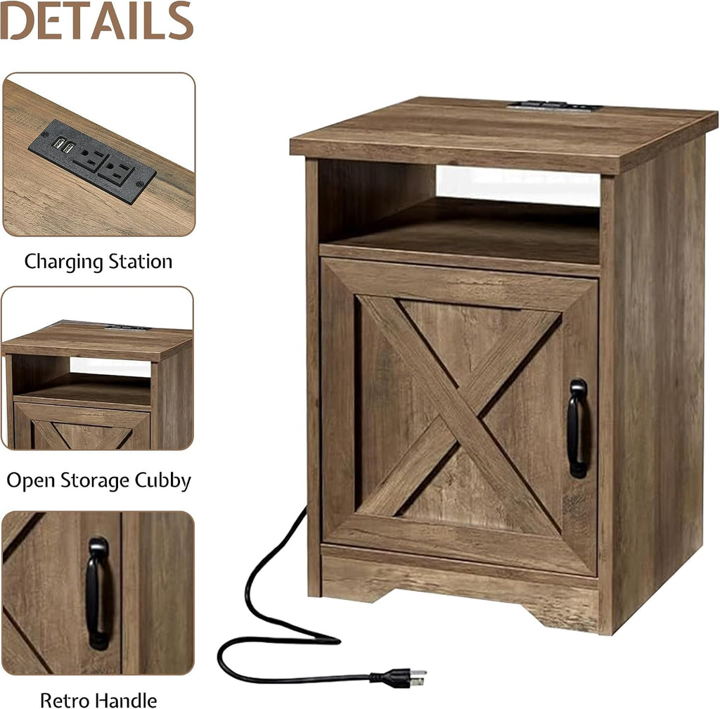 LUXOAK 3-Piece Farmhouse Living Room Table Sets, Includes 1 x Coffee Table, 2 x End Tables with Charging Station & USB Ports, Rustic Coffee Table Set of 3, Barnwood