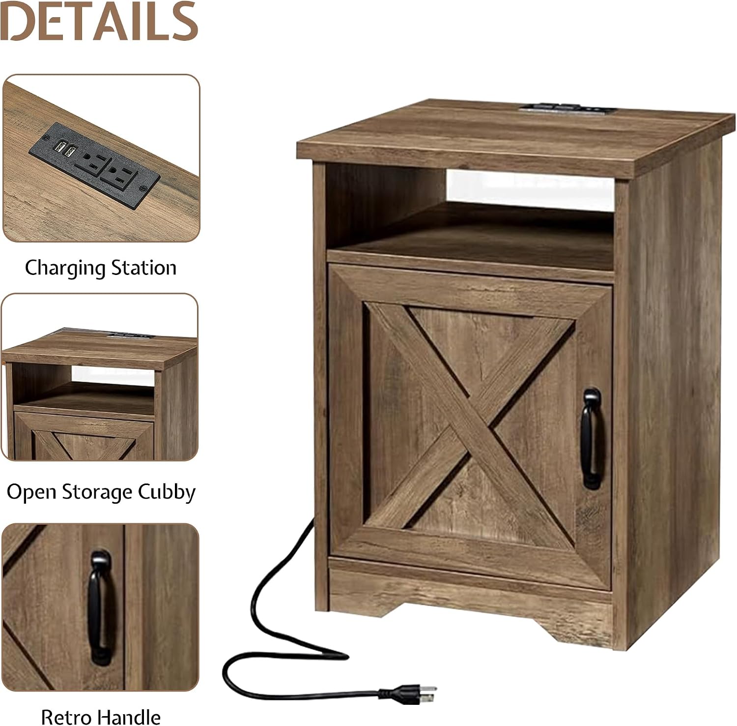 LUXOAK 3-Piece Farmhouse Living Room Table Sets, Includes 1 x Coffee Table, 2 x End Tables with Charging Station & USB Ports, Rustic Coffee Table Set of 3, Barnwood