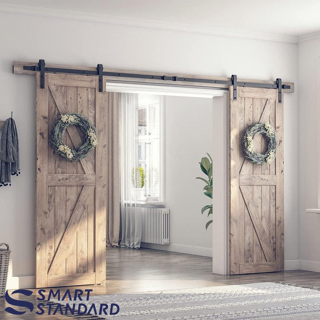SMARTSTANDARD 11 FT Double Barn Door Hardware Kit, Sliding Door Track-Smoothly and Quietly -Includes Detailed Installation Fit 30'-33' Wide Doorpanel (J Shape Hanger) Black