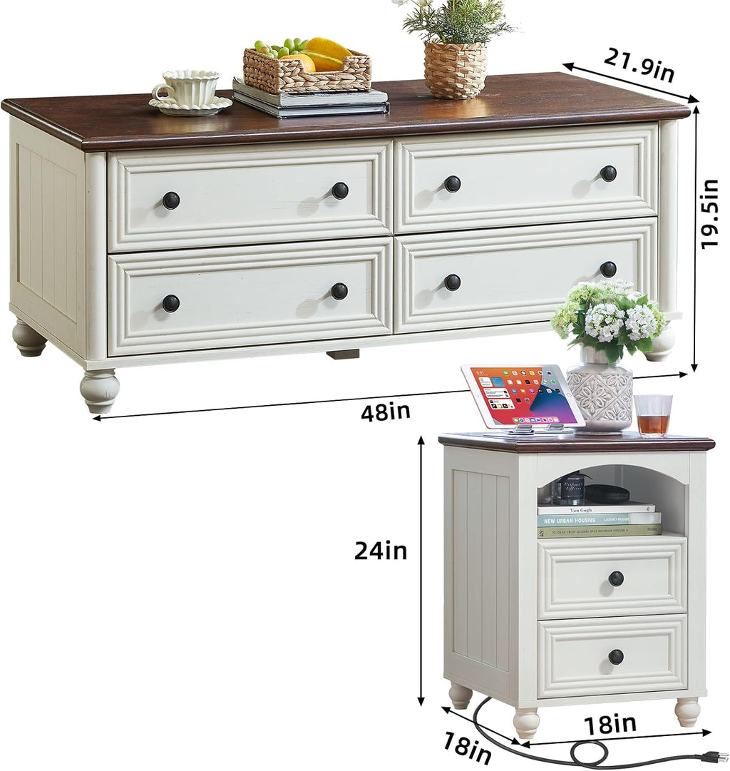 RWYHG Farmhouse Coffee Table and Night Stand Set of 3,Wood 48' Center Table and 18'' Wide Nightstand with Charging Station,Coffee and End Tables 3-Piece Set for Home Living Room Hallway,White