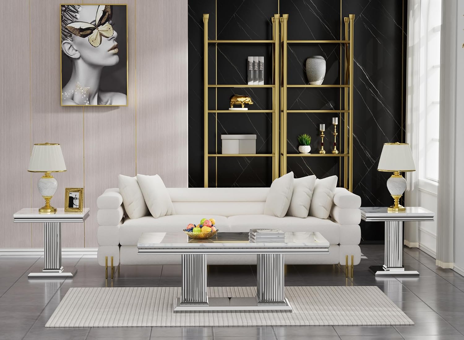 3 Pieces Coffee Table Set, Faux Marble Living Room Table Set of 3, Modern Coffee Table and 2 End Tables with Column-Shaped Stainless Steel Base for Living Room Office (White Silver)