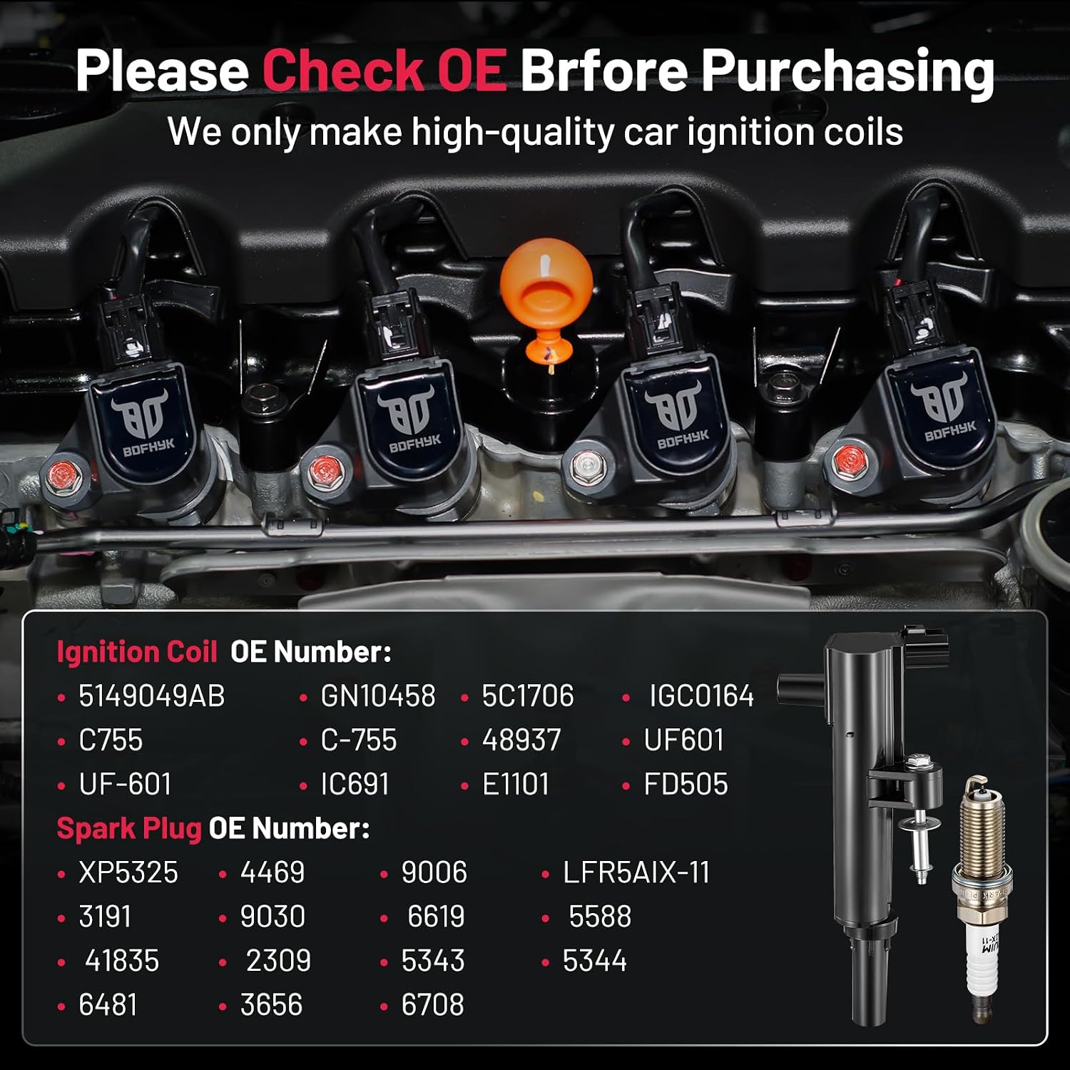BDFHYK Ignition Coil Pack UF601 and Iridium Spark Plugs 4469 Compatible with Jeep Commander Grand Cherokee 08-09 Dodge Dakota 08-10 Durango 08-09 Ram 1500 08-10 Chrysler Aspen 08-09 4.7L V8 Set of 8