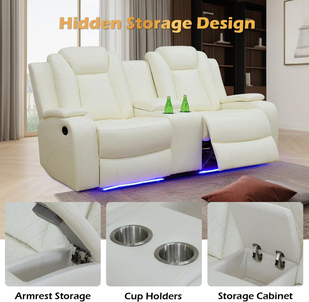 Power Leather Recliner Sofa with LED Light,74' Power Double Reclining Loveseat with Storage Console/Cup Holders/USB Port,2 Seater Leather Couch for Living Room Furniture(White,Loveseat)