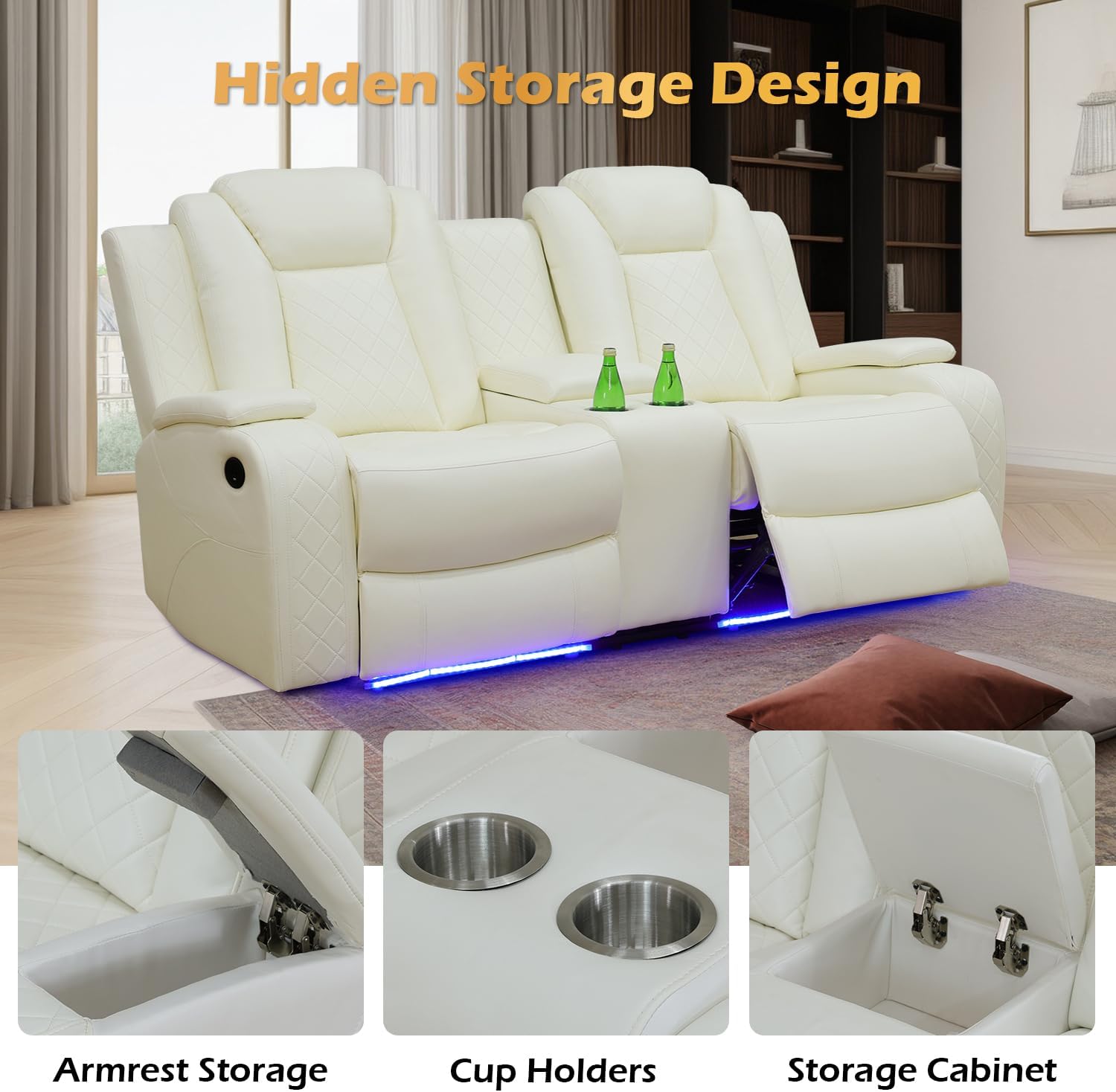 Power Leather Recliner Sofa with LED Light,74' Power Double Reclining Loveseat with Storage Console/Cup Holders/USB Port,2 Seater Leather Couch for Living Room Furniture(White,Loveseat)