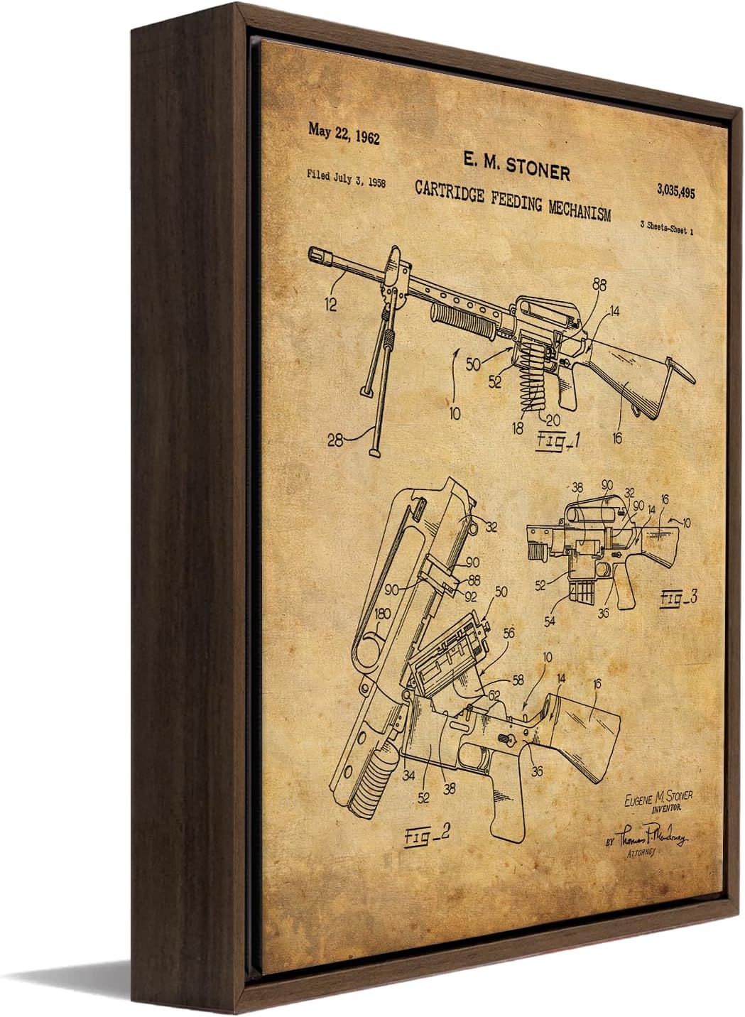 Personal-Prints Firearm Patent Art | Vintage Wall Art, Office, Bedroom Decor | 2nd Amendment & Choice of Unique Gun Art Gifts | USA Made (AR-15, Parchment, 20'x24' Float Framed Canvas)