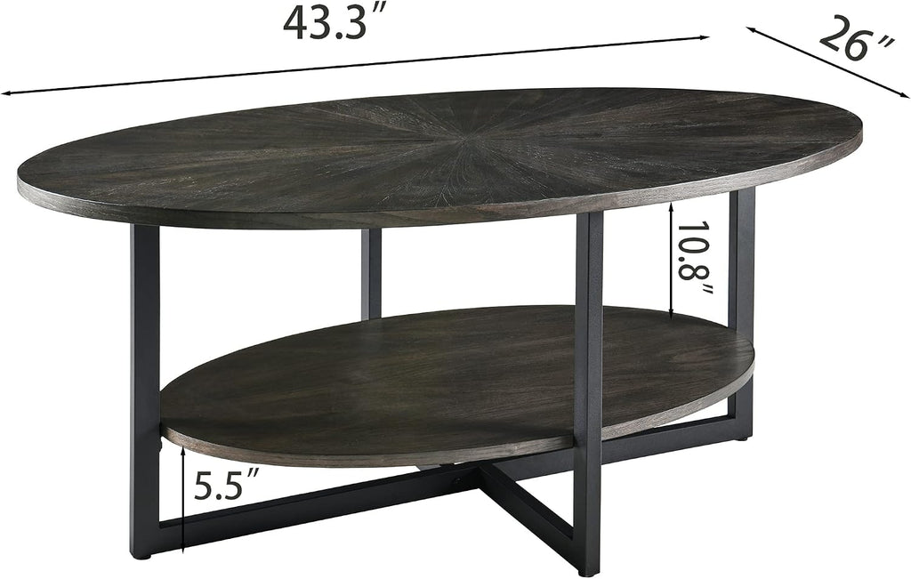 Solid Wood Oval Coffee Table with Cross Metal Legs, 43.3in Modern Industrail Center Table with Open Shelf Cocktail Tea Table for Living Room Bedroom, Black Brown 1811BK