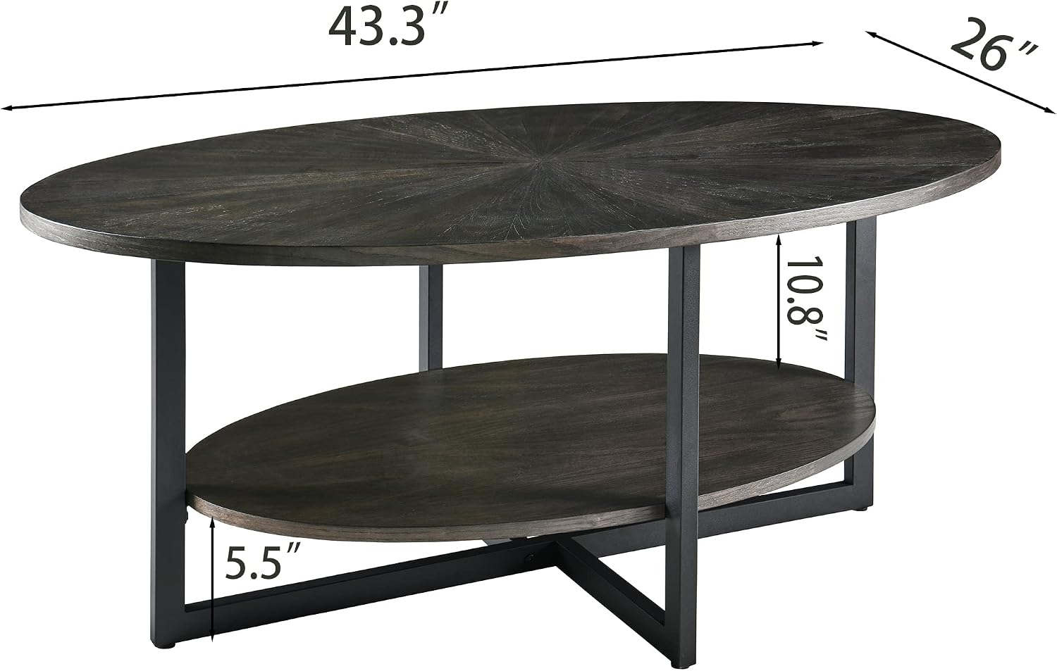 Solid Wood Oval Coffee Table with Cross Metal Legs, 43.3in Modern Industrail Center Table with Open Shelf Cocktail Tea Table for Living Room Bedroom, Black Brown 1811BK