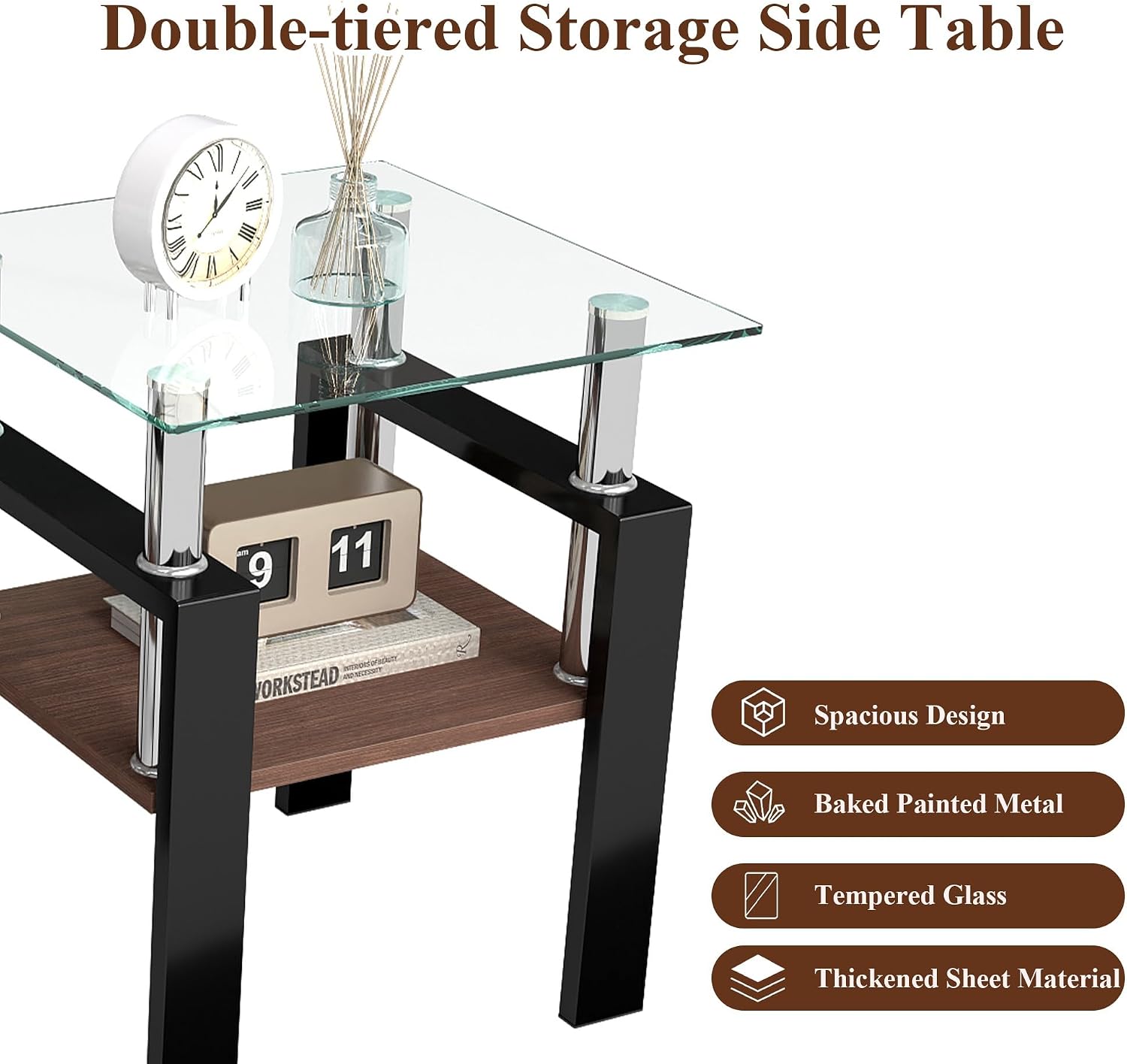 Glass Coffee Table Sets of 3 for Living Room, Mordern End Table Sofa Side Tables with Storage, Black Metal Leg, Transparent Glass Tabletop Rectangle Tempered Center Table Home Furniture Set