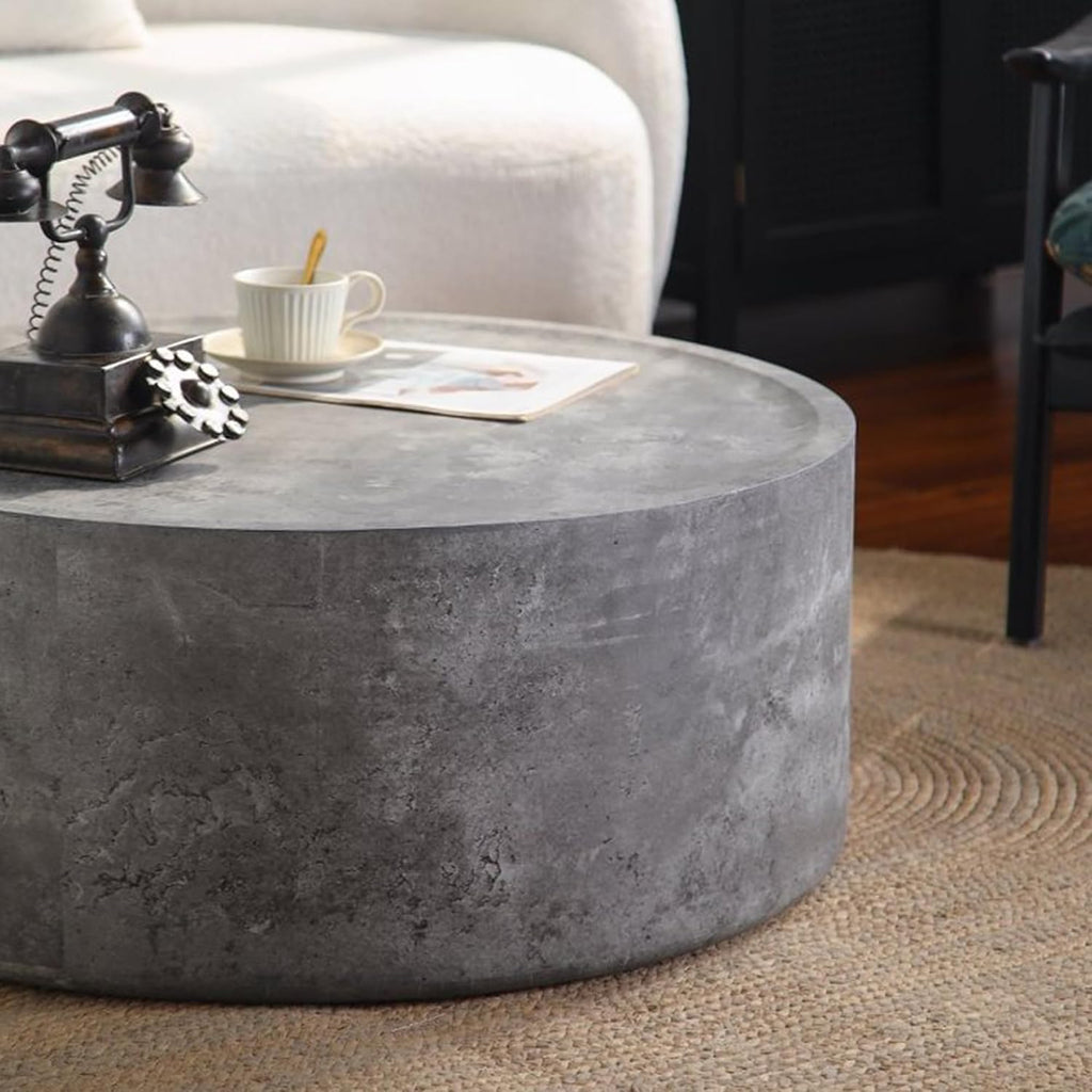 Modern Drum Coffee Table Faux Stone Finish Wood Coffee Tables Concrete Gray Round Center Table for Living Room Home Office,39.3'- Fully Assembled