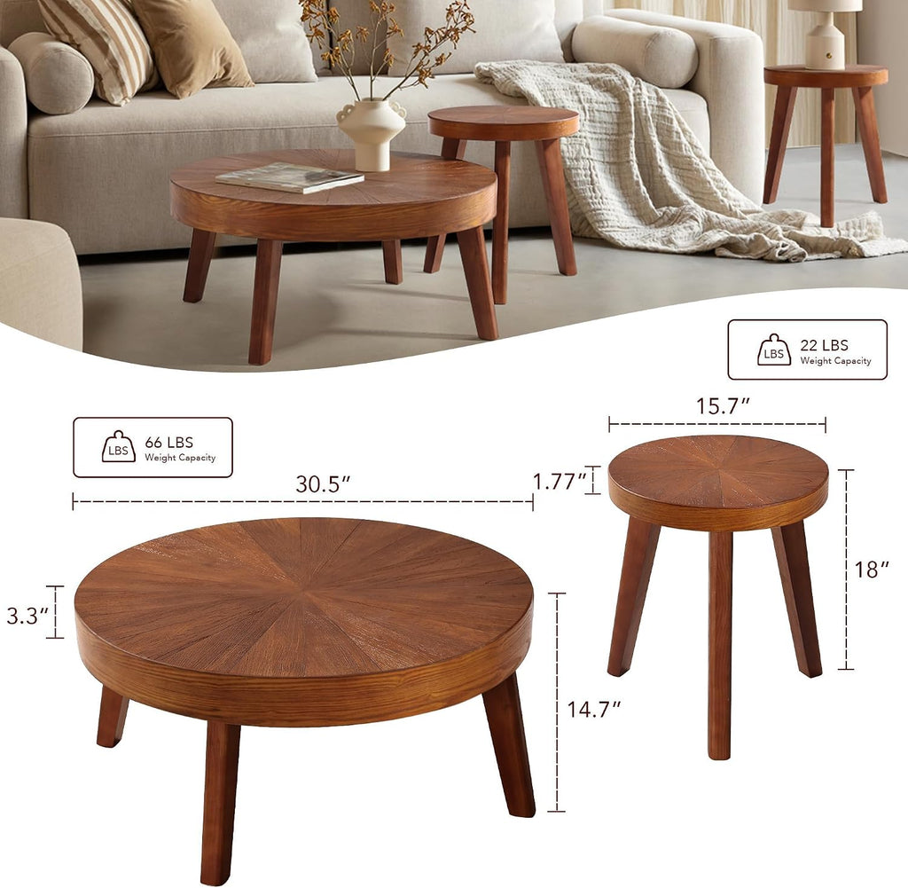 HOKYHOKY Farmhouse Round Coffee Table Set of 3, Boho Sofa Side Nesting Tables End Table Set with Wood Natural Finish for Living Room, Bedroom, Home Office,Brown