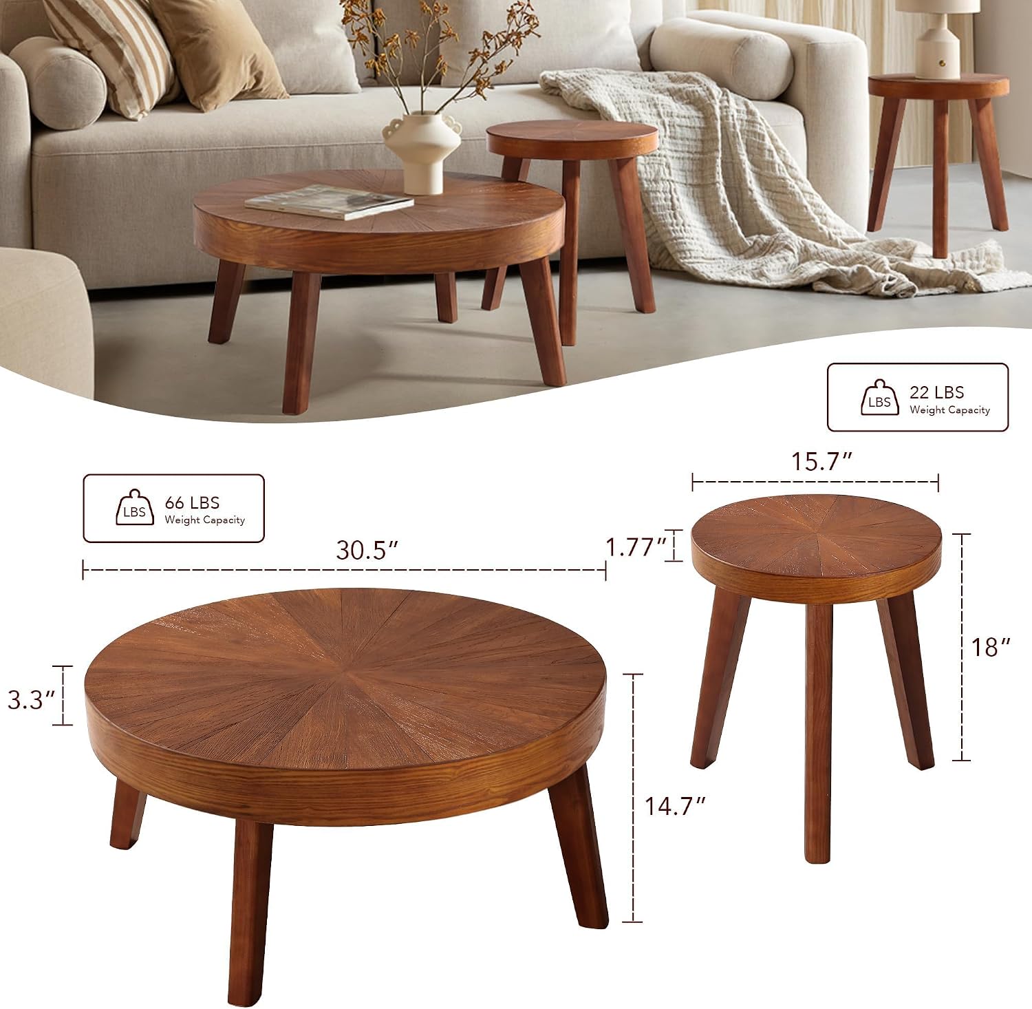 HOKYHOKY Farmhouse Round Coffee Table Set of 3, Boho Sofa Side Nesting Tables End Table Set with Wood Natural Finish for Living Room, Bedroom, Home Office,Brown