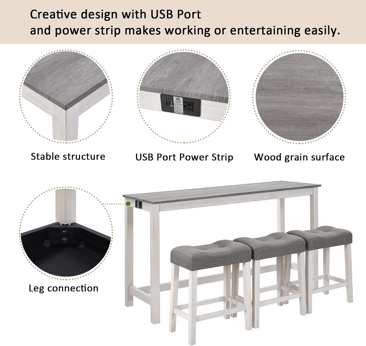 Merax 59 inch Bar Table Set with Power Outlet USB/Type-C, Behind Couch Table with 3 Padded Stools for Kitchen, Living Room, White & Grey