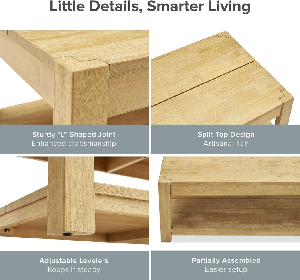 mopio Logan Solid Wood 2-Tier Rectangle Coffee Table, Modern Farmhouse Solid Rubberwood with Light Wire Brush L Shaped Leg Joint
