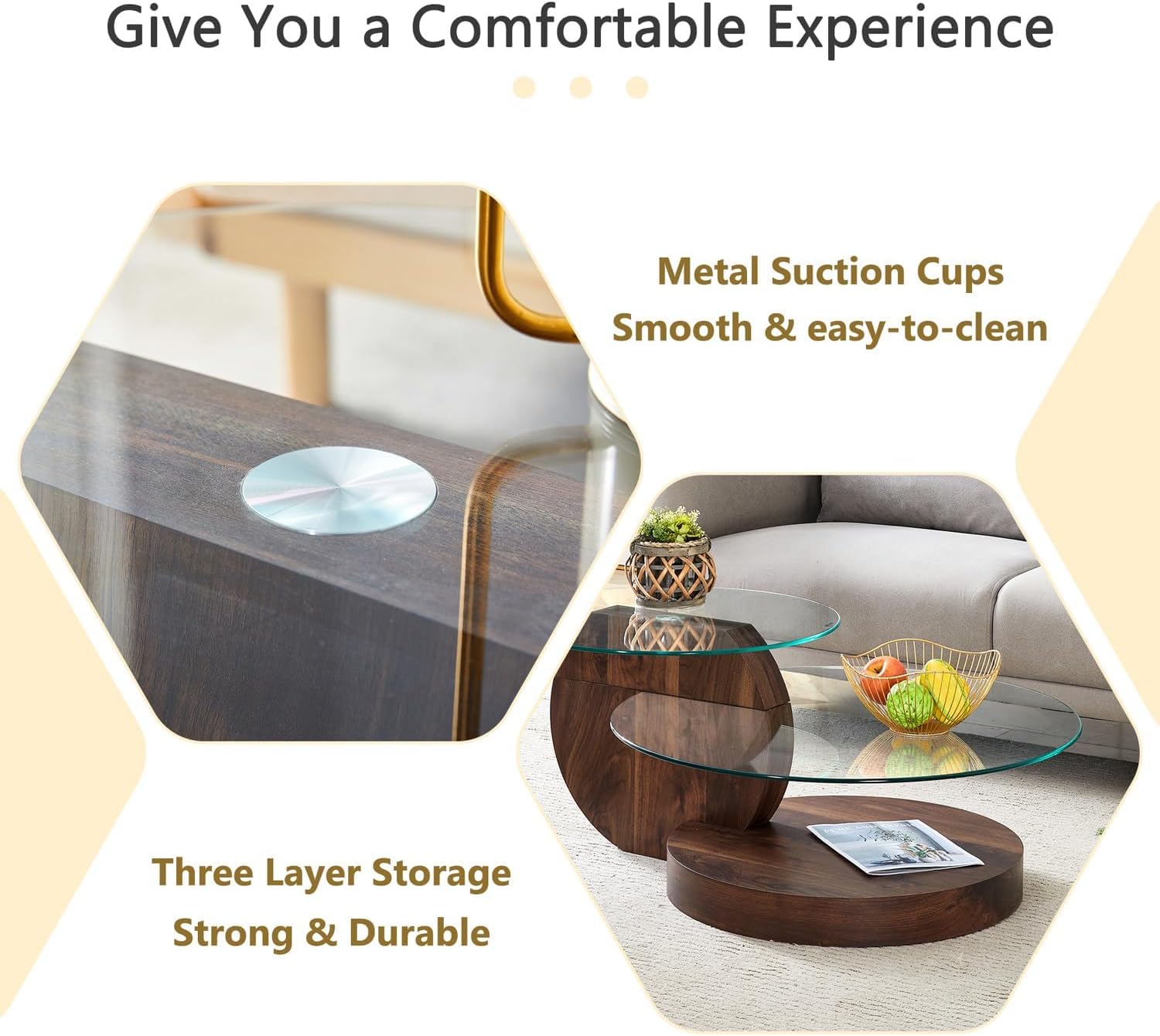Glass Coffee Table, Modern Round Clear Coffee Tables for Living Room, 3-Tier Circle Tempered Coffee Table with Storage Wooden Side Table for Home Bedroom Balcony Yard (Walnut, 42 inch)