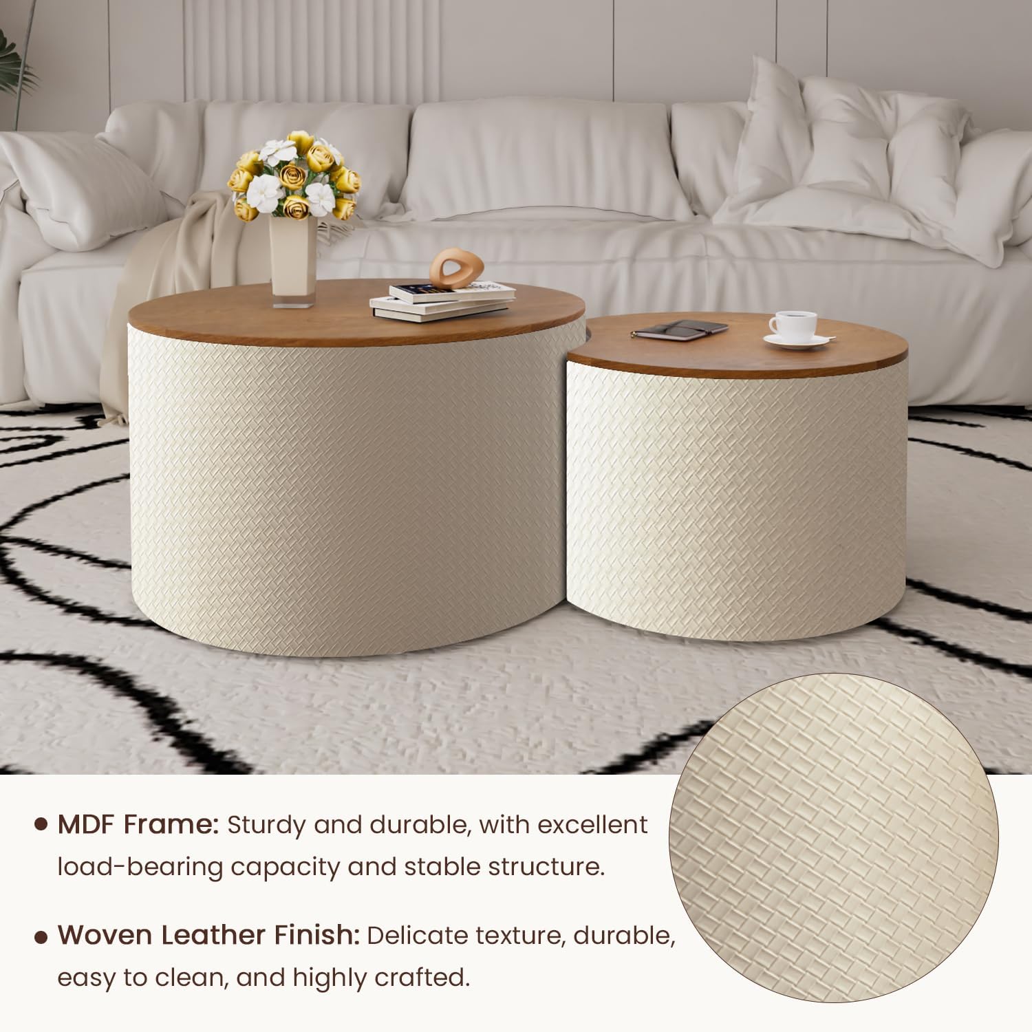 WXFKLDJ Nesting Coffee Tables Set of 2 Leather Finish Round Coffee Tables with Storage Wood Frame Drum End Side Table for Small Space Living Room Bedroom No Assembly Needed (White with Storage)
