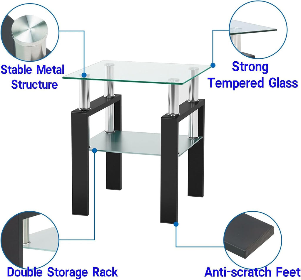 Glass Coffee Table Set of 3, 3-Piece Living Room Tables with Tempered Glass and Metal Frame, Coffee and End Table Sets, Clear