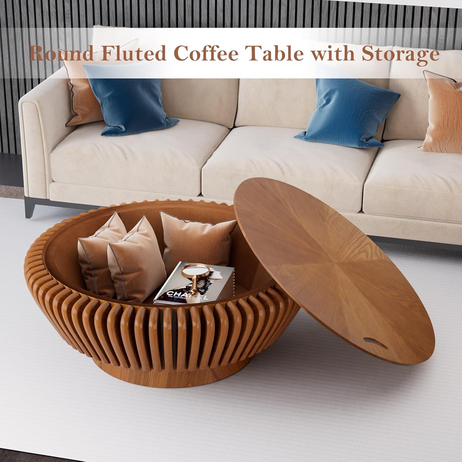 35.4' Fluted Coffee Table with Storage Rustic Chic Circle Drum Center Tables - Handcraft Solid Wood Fluted Veneer for Living Room (M Brown 35.4in)
