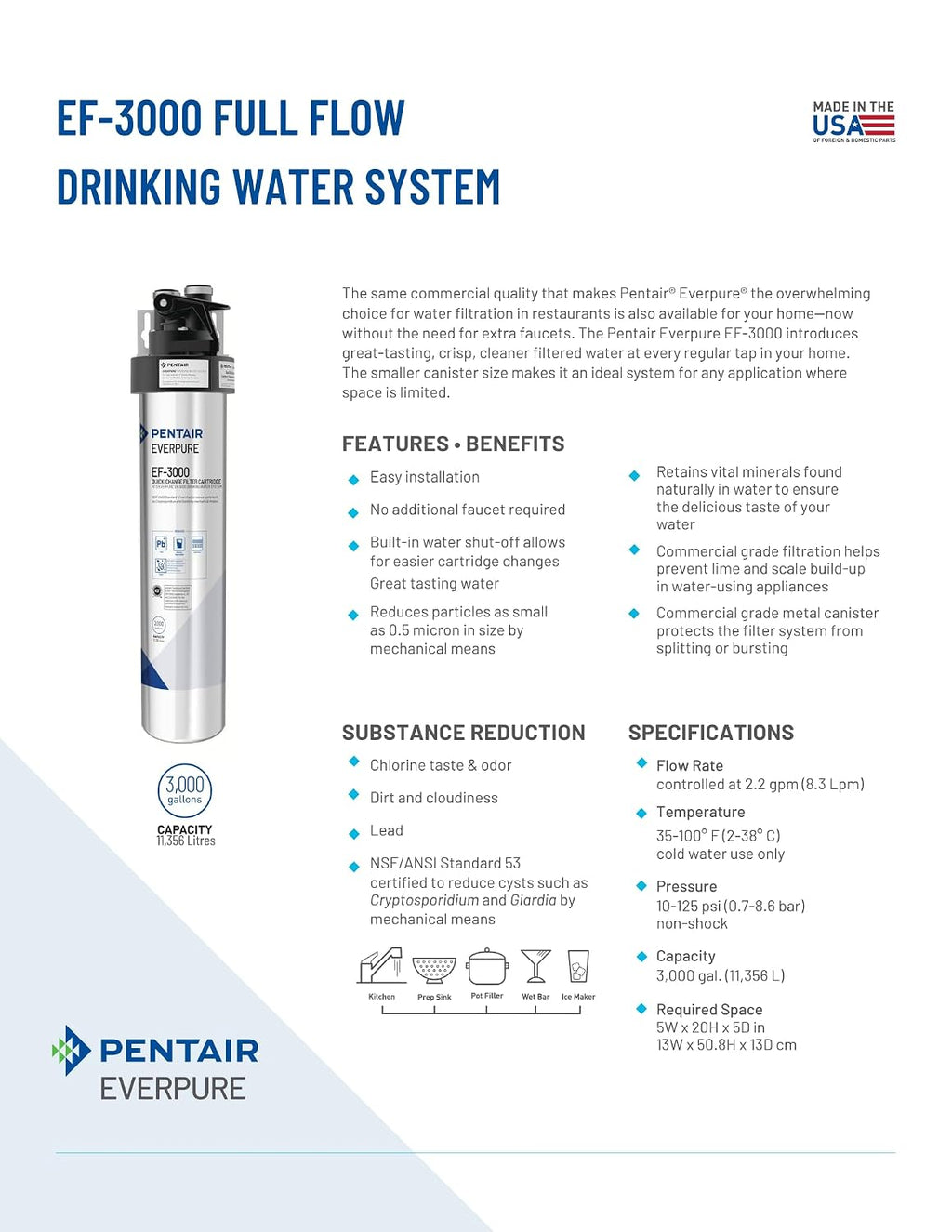 Pentair Everpure EF-3000 Quick-Change Filter Cartridge, EV985750, for Use in Everpure EF-3000 Full Flow Drinking Water System, 3,000 Gallon Capacity, 0.5 Micron