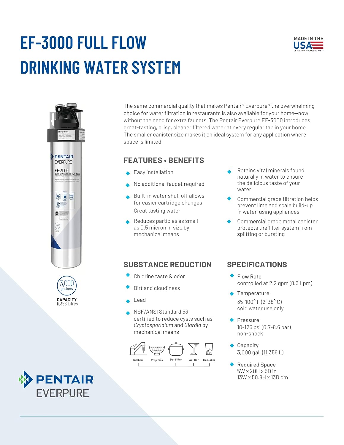 Pentair Everpure EF-3000 Quick-Change Filter Cartridge, EV985750, for Use in Everpure EF-3000 Full Flow Drinking Water System, 3,000 Gallon Capacity, 0.5 Micron