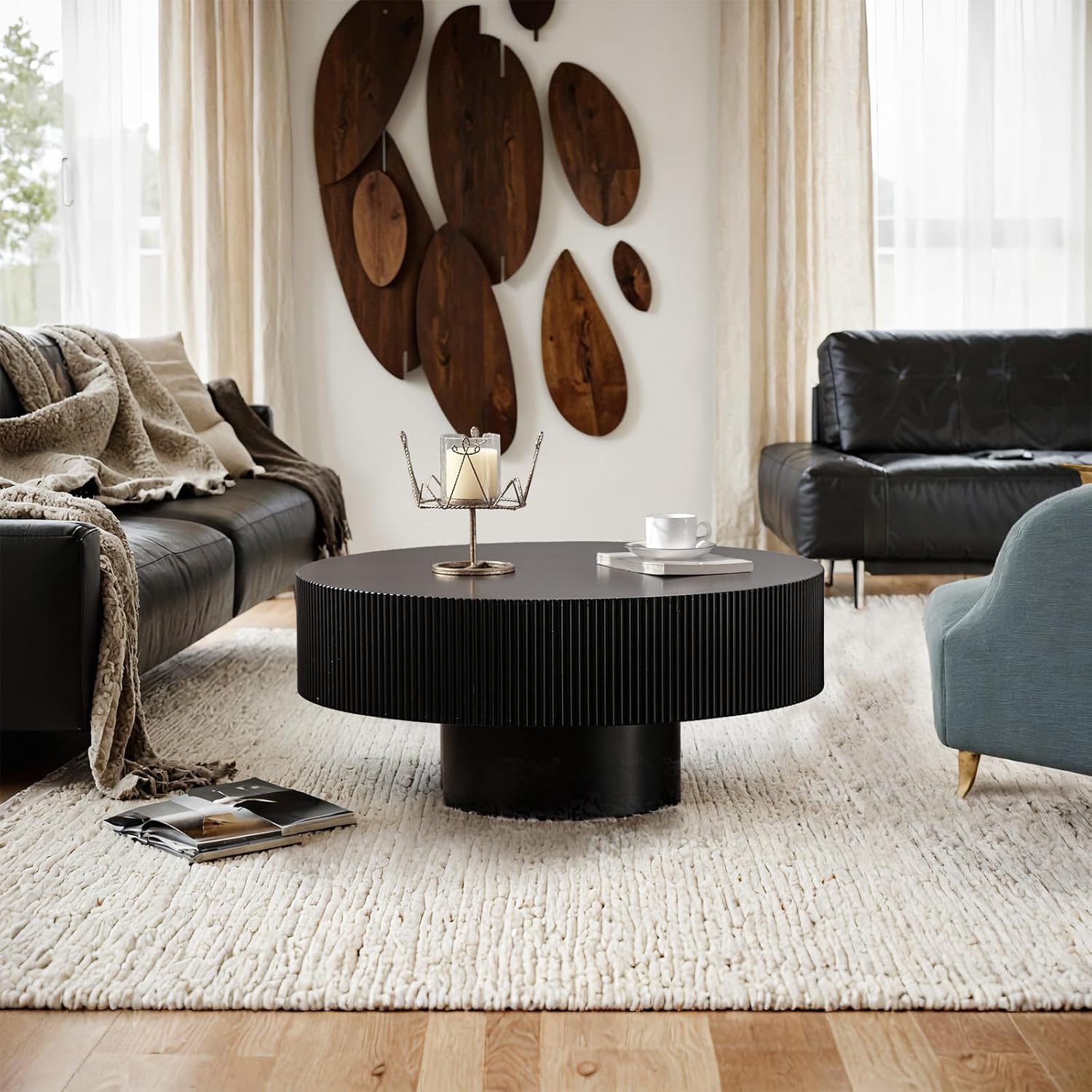 Round Fluted Coffee Table Round Drum Coffee Table for Living Room Modern Circular Pedestal Center Table (Circle Black 30.9in)