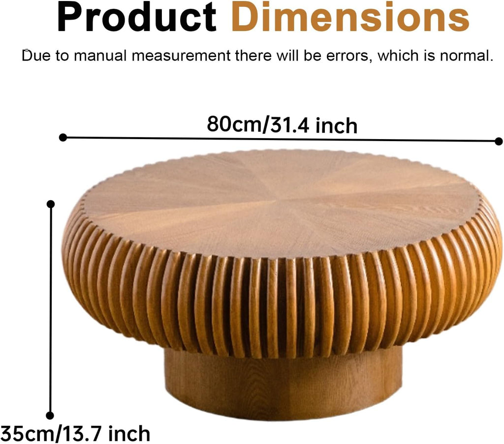 Round Coffee Table for Living Room Modern Brown Fluted Coffee Table Round Drum Coffee Tables Low Circle Pedestal Center Table for Small Spaces (A Brown, 31.4 in)