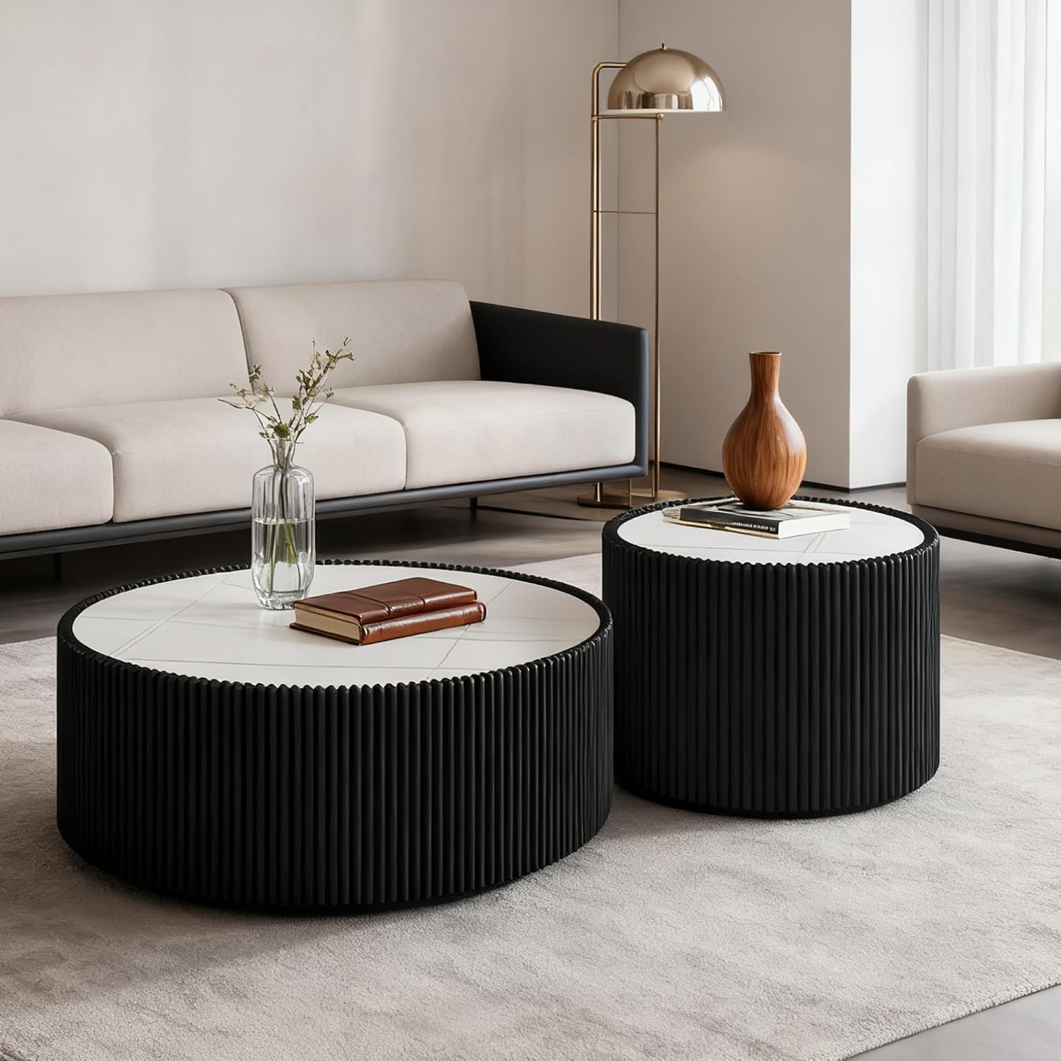 29.52' Round Marble Coffee Table,Modern Fluted Coffee Table w/White Sintered Stone Top & Black PU Leather Covered,Luxury Circle Coffee Cocktail Center Tables for Living Room,No Assembly Required