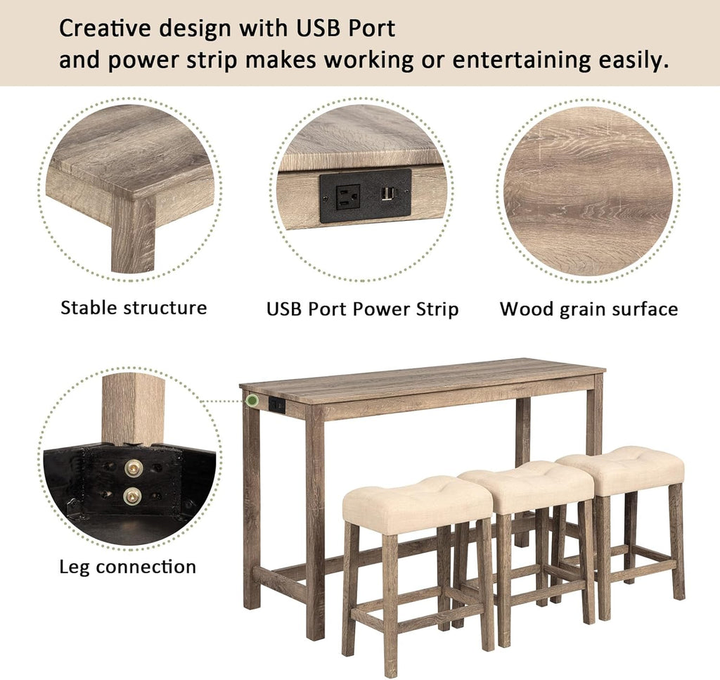 Merax 4 Piece Bar Table Set with Power Outlet,Behind Sofa Couch Table with 3 Linen Fabric Padded Saddle Seat Stools,for Living Room,Dining Room（Brown+Beige）