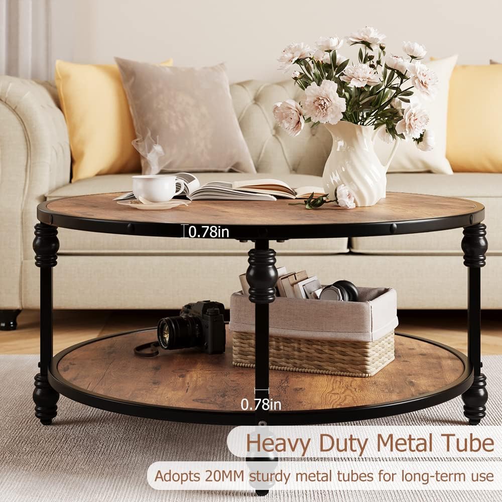 GarveeHome Round Coffee Table 2-Tier Wood Coffee Table with Storage Shelf Brown Circle Center Table Living Room