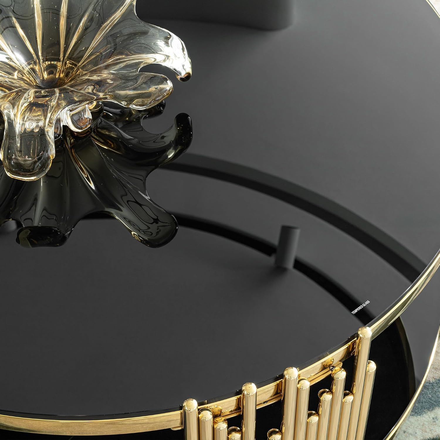 31.5'' Tempered Glass Round Coffee Table for Living Room, 2-Tier Modern Circle Coffee Table, Glass Tabletop & Stainless Steel Frame, Easy Assembly, Black & Gold