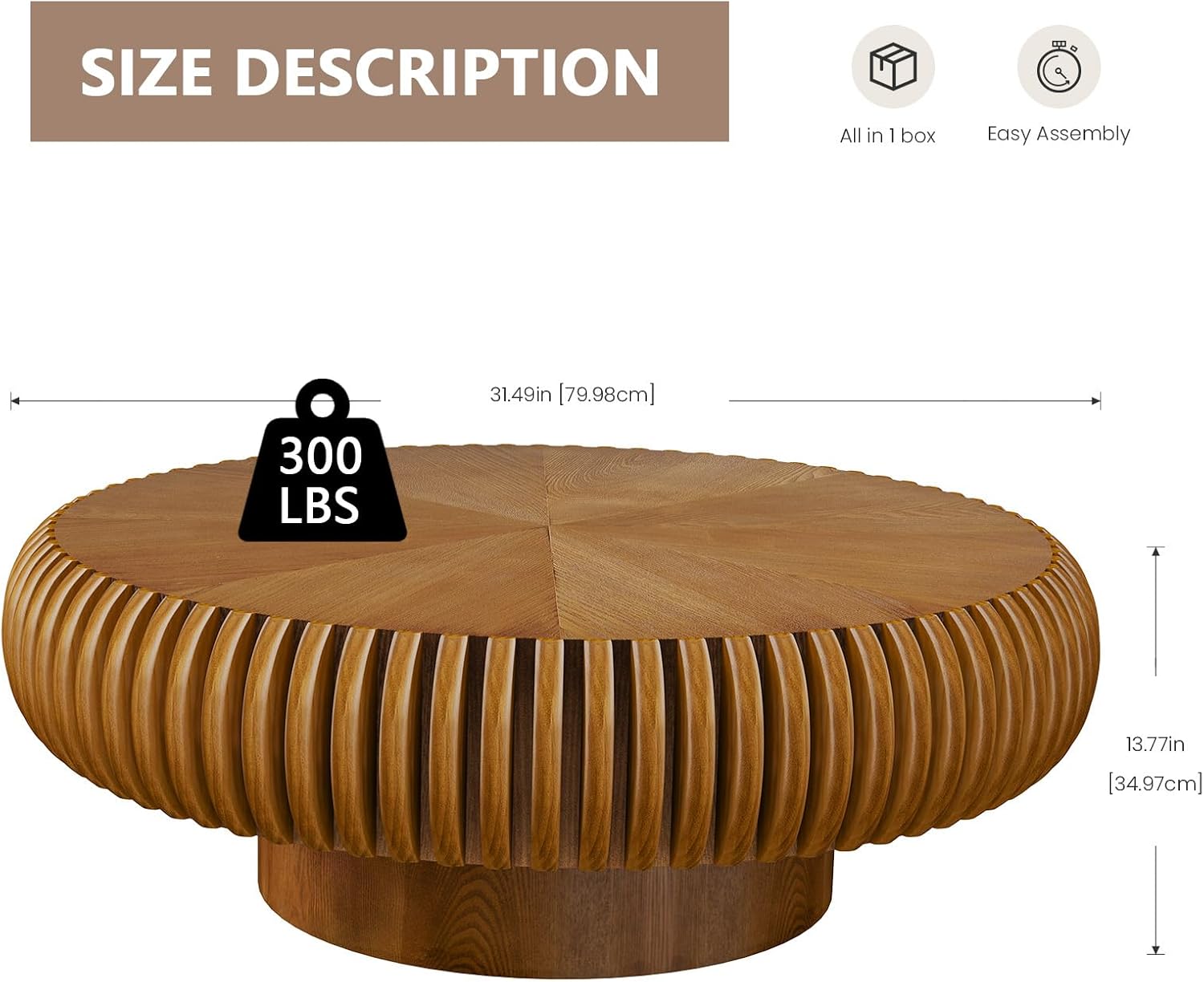 Round Drum Coffee Table Modern Coffee Tables Fluted Coffee Table Circle Center Table Pedestal End Table for Living Room Bedroom(Brown 31.5in)