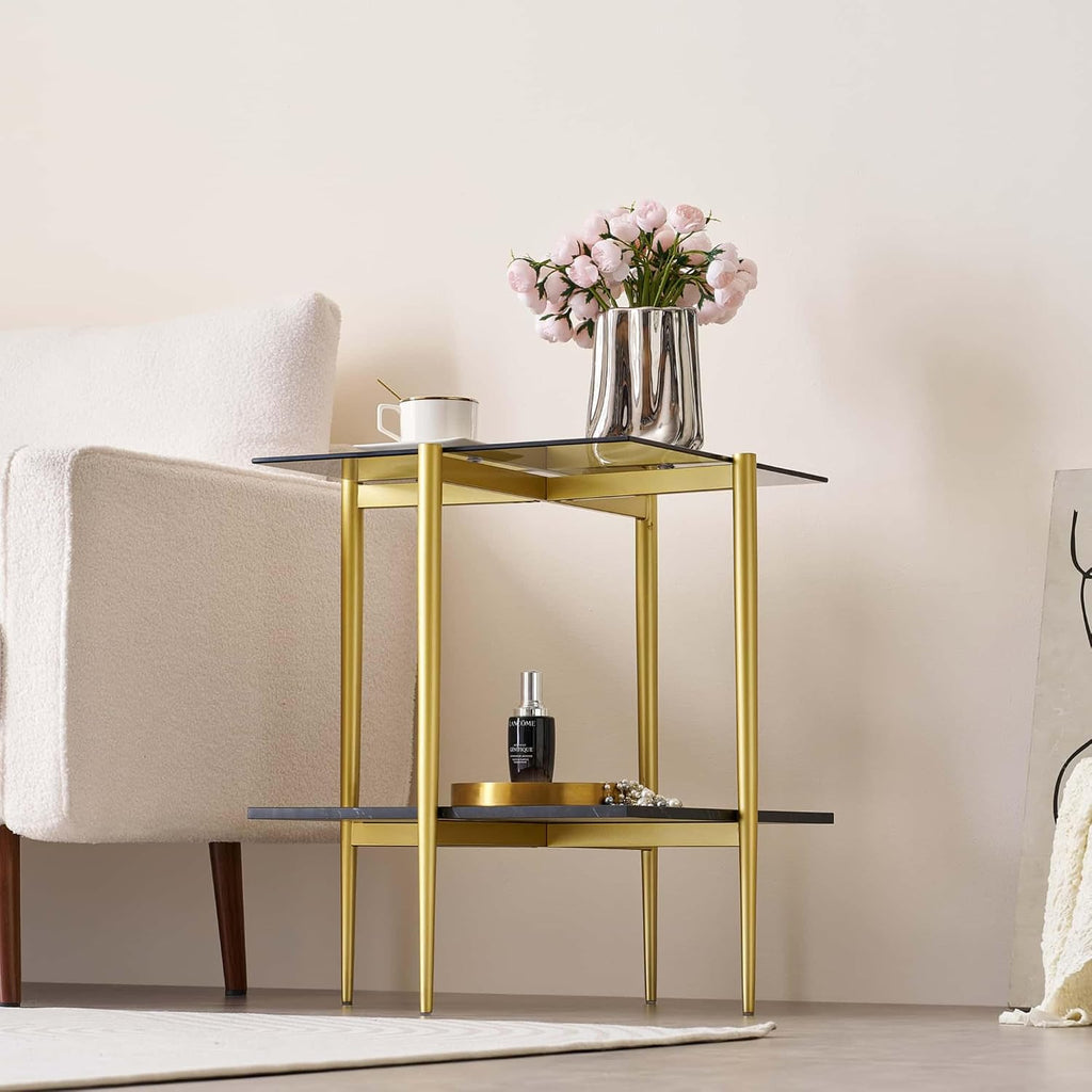 LumFurn Glass End Table, Mid-Century Modern Design Sofa Table, for Living Room, L18 x W18 x H23 in, Clear Glass Top and Walnut MDF Shelf, Sleek Conical Metal Legs with Gold Finish Frame